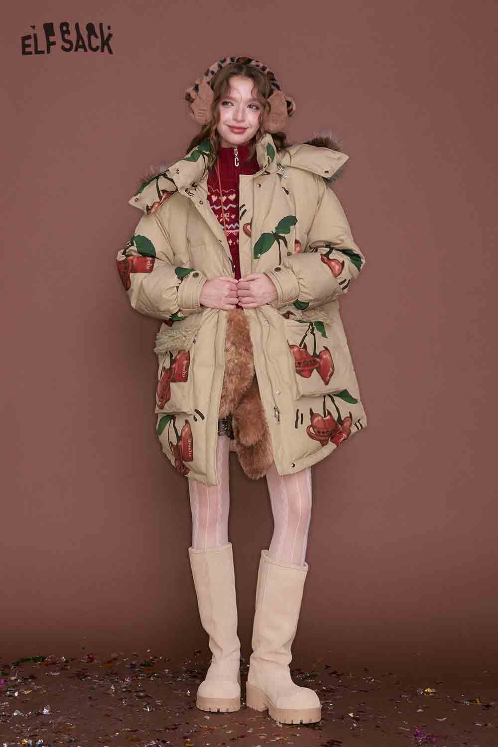 ELFSACK cherry graphic puffer coat with colorful cherry design and cozy hood for stylish warmth