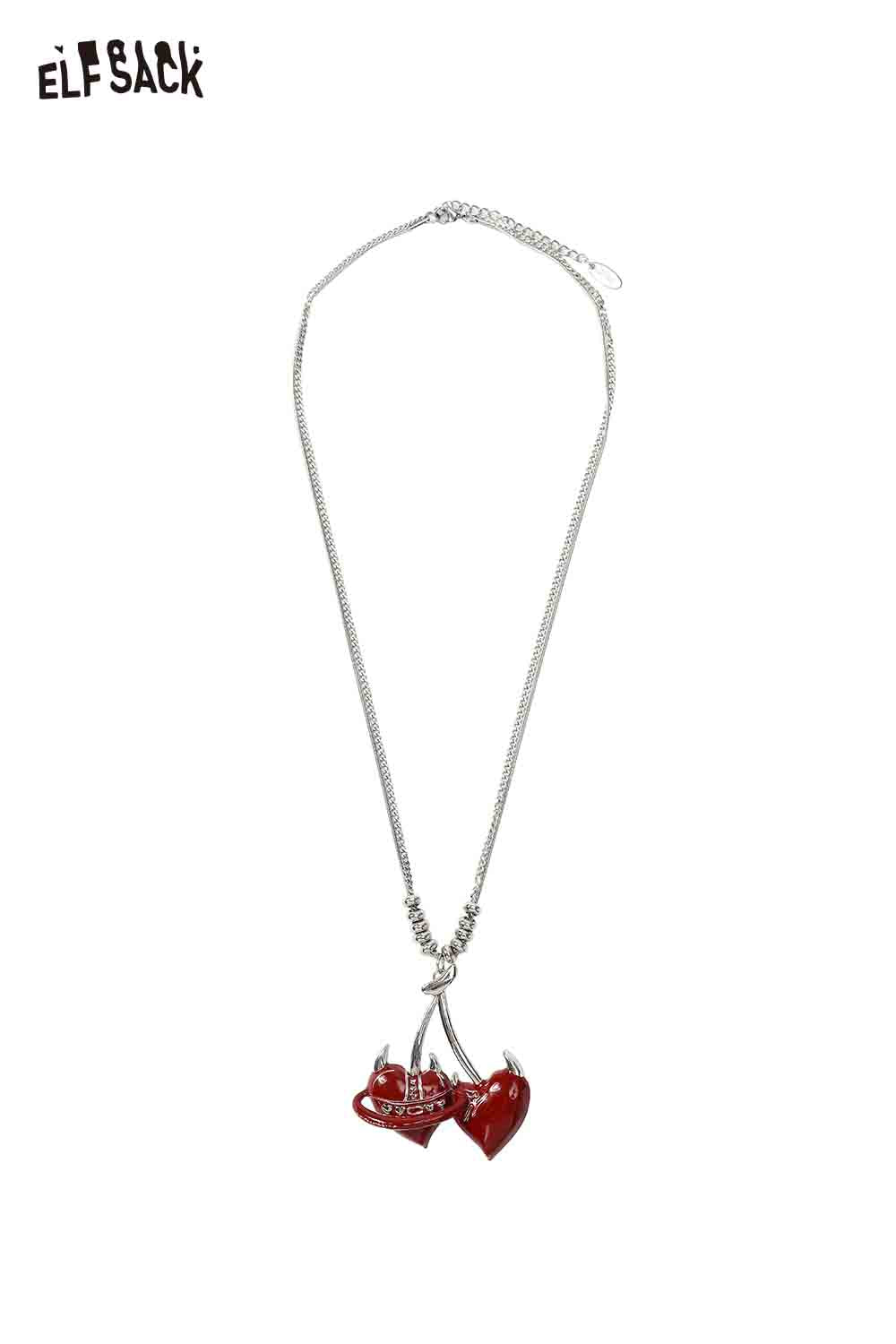ELFSACK cherry pendant heart necklace with two red hearts on a silver chain for trendy outfits