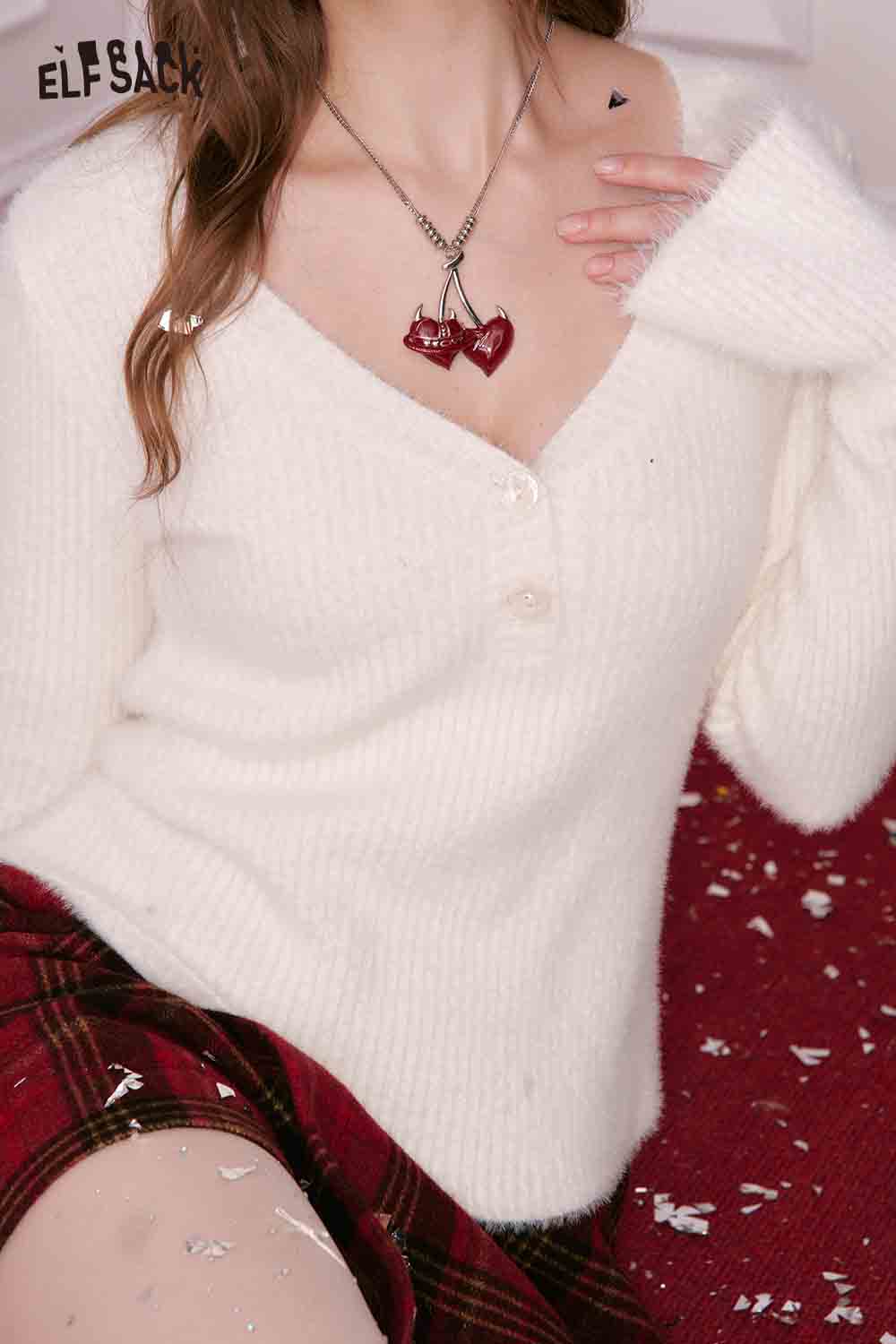 ELFSACK Cherry Pendant Heart Necklace showcased on a model wearing a cozy white sweater