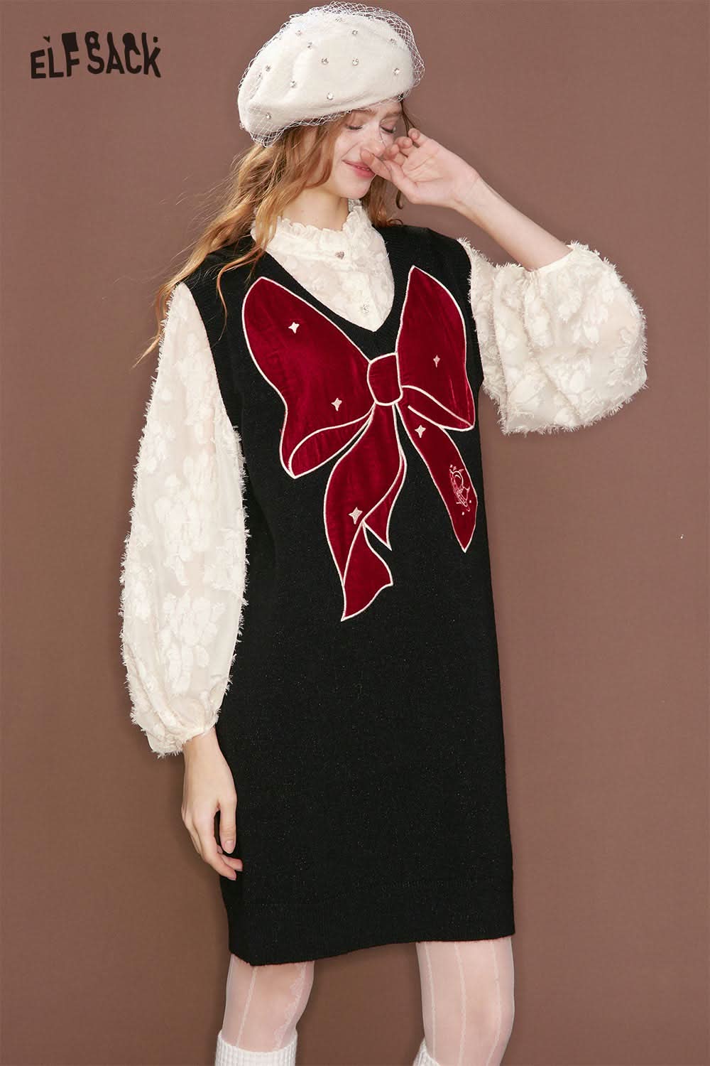 ELFSACK chiffon bow vest dress for women in black with a decorative red bow design