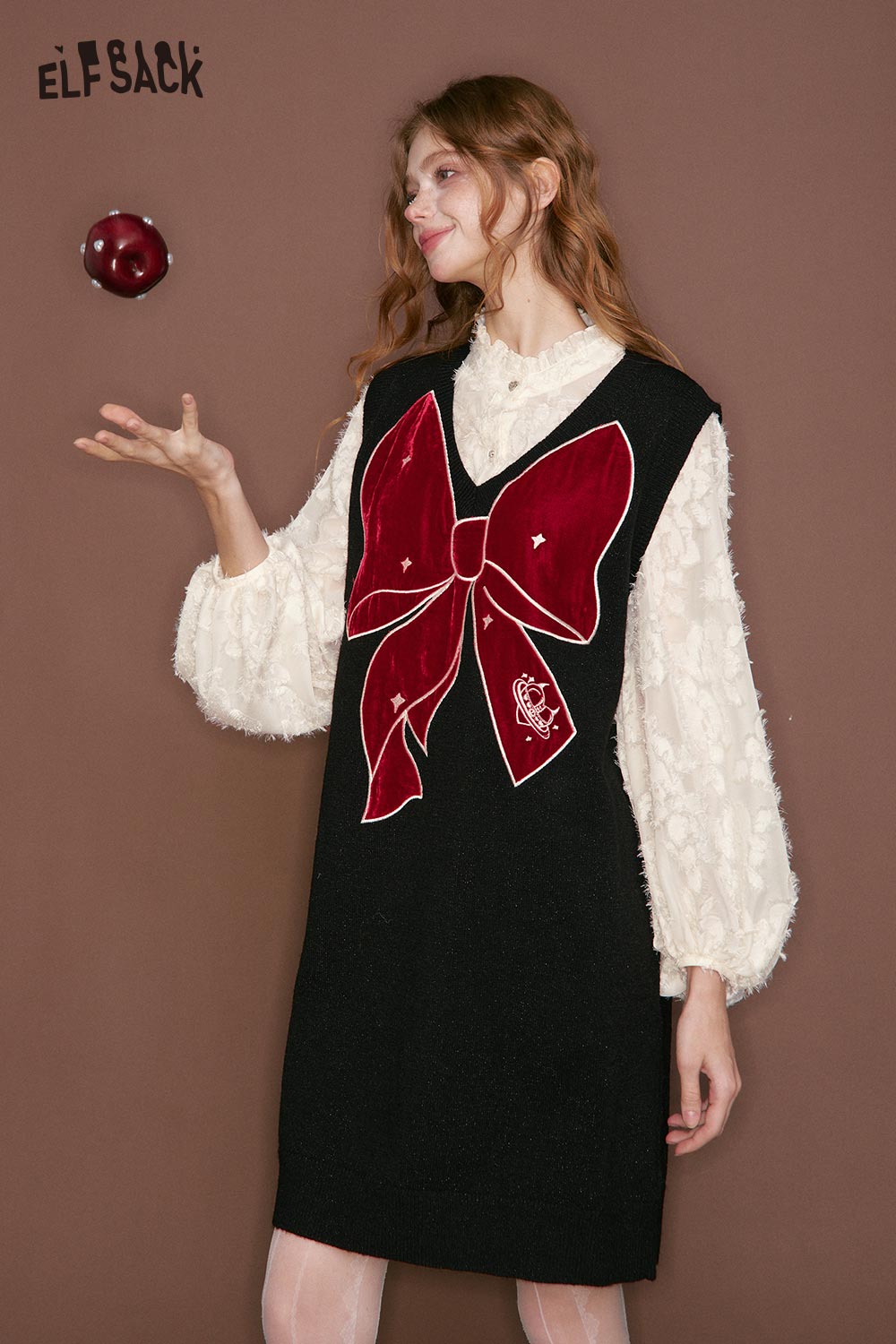 ELFSACK chiffon bow vest dress for women with a large red bow design and elegant styling