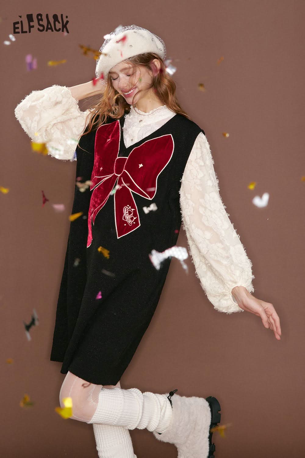 ELFSACK chiffon bow vest dress for women with a black base and bold red bow detail