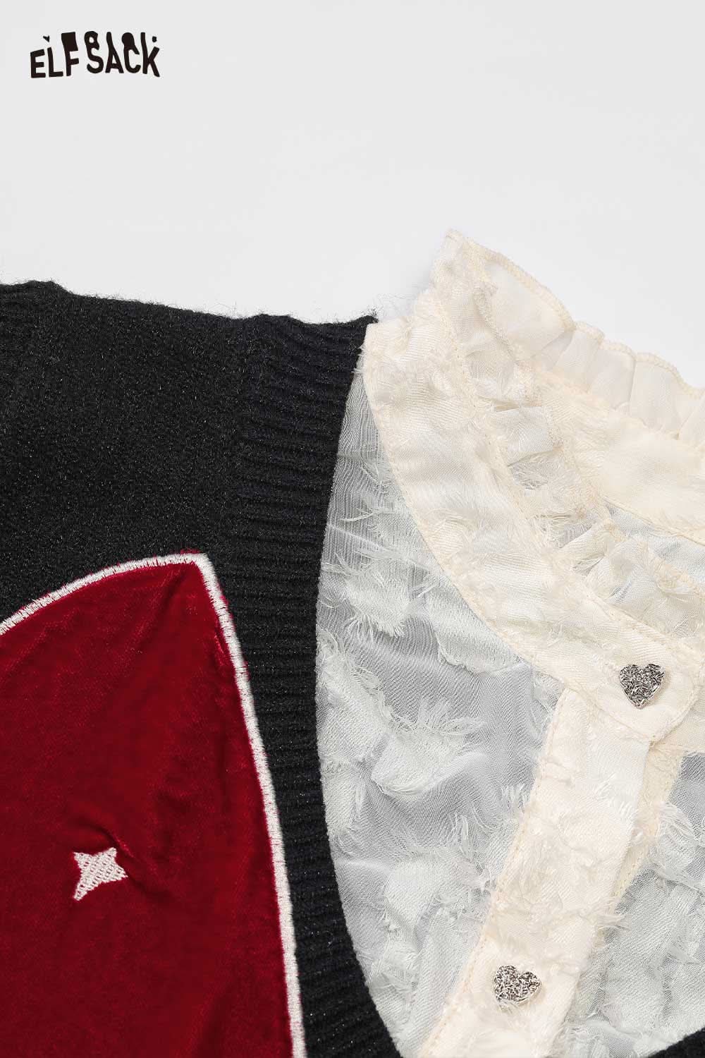 ELFSACK Chiffon Bow Vest Dress for Women in Black and Red with Ruffled Neckline and Heart Buttons