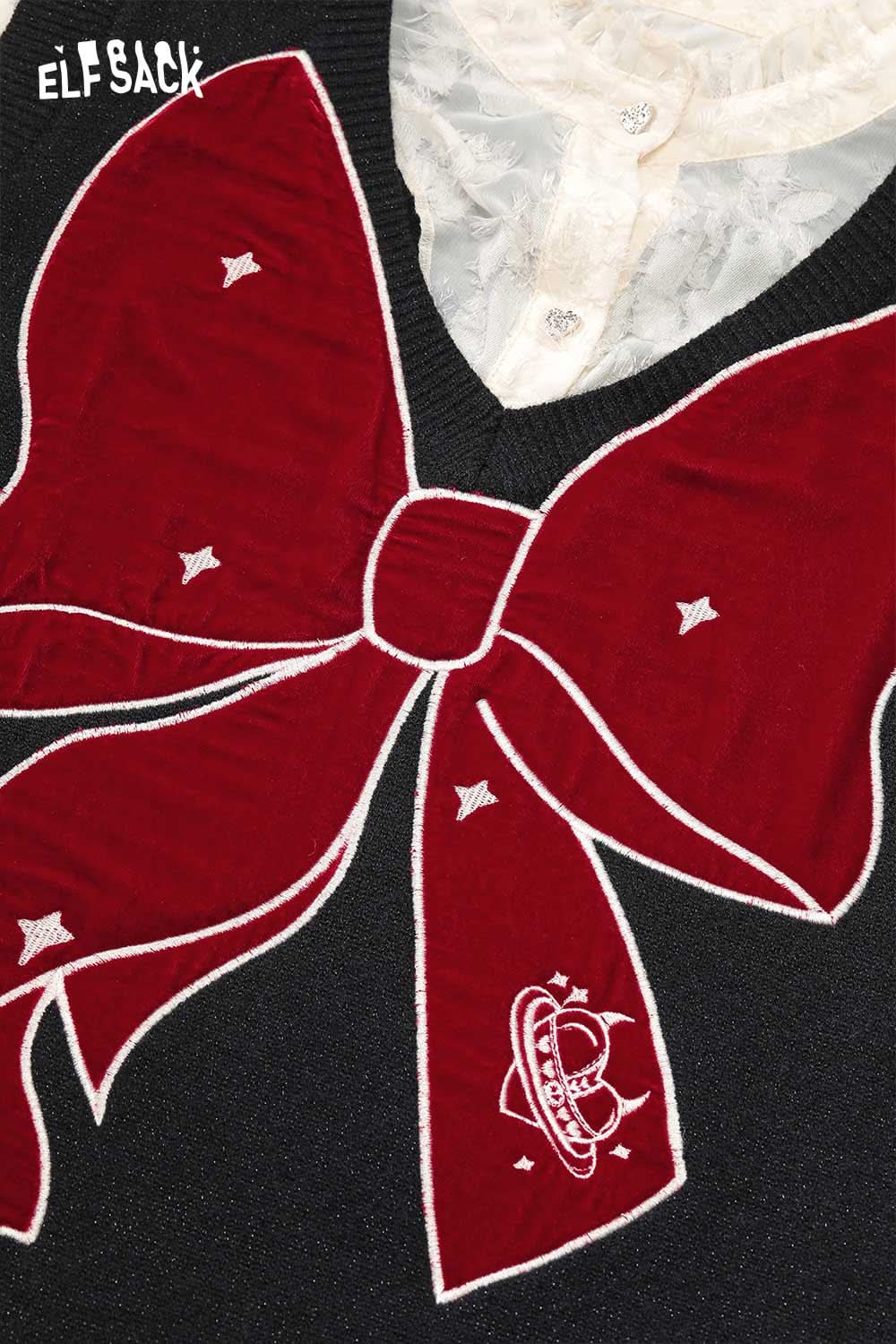 ELFSACK chiffon bow vest dress for women with a large red bow and star details on a black background