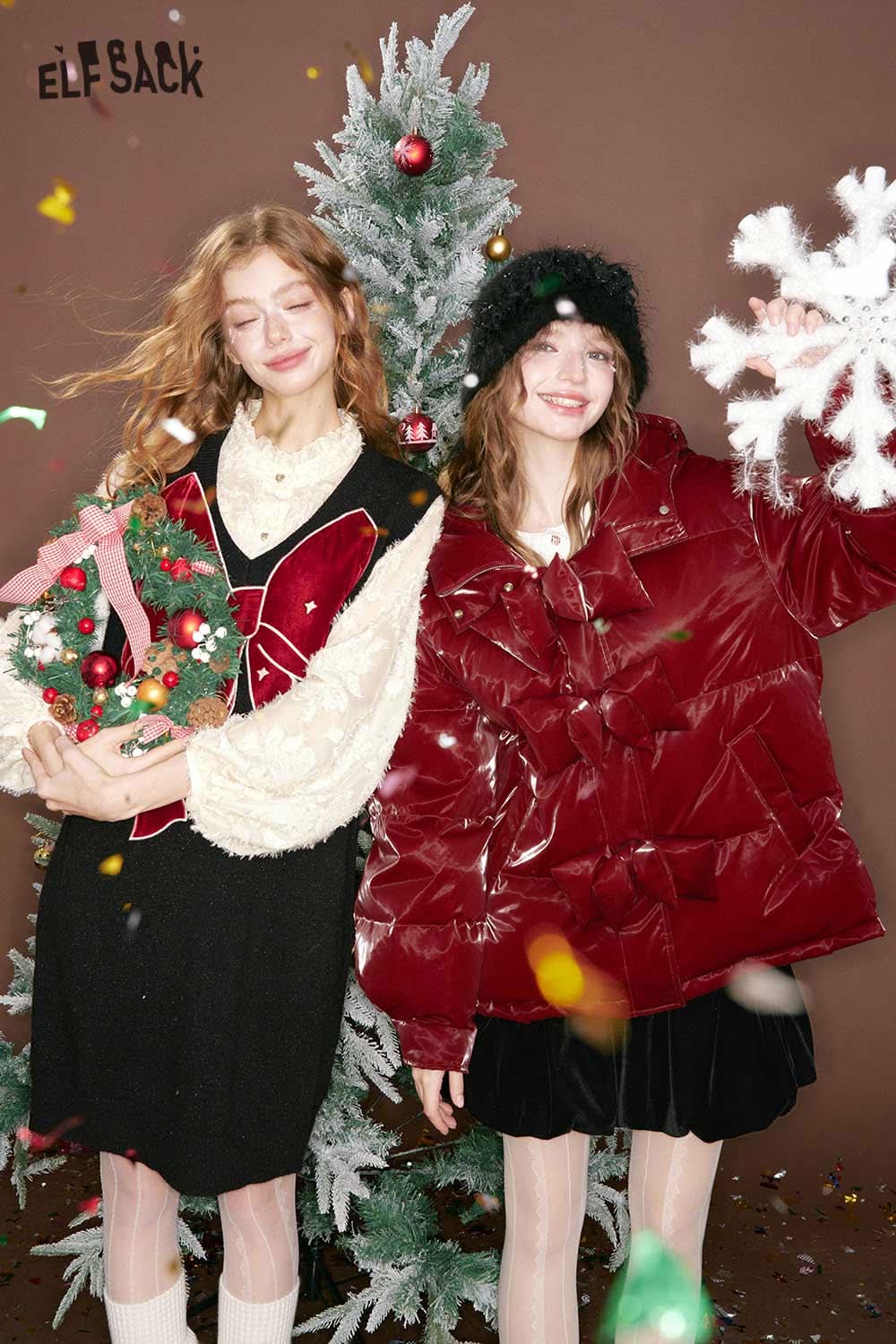 Two women in festive attire featuring chiffon bow vest dress for women and a stylish puffer jacket