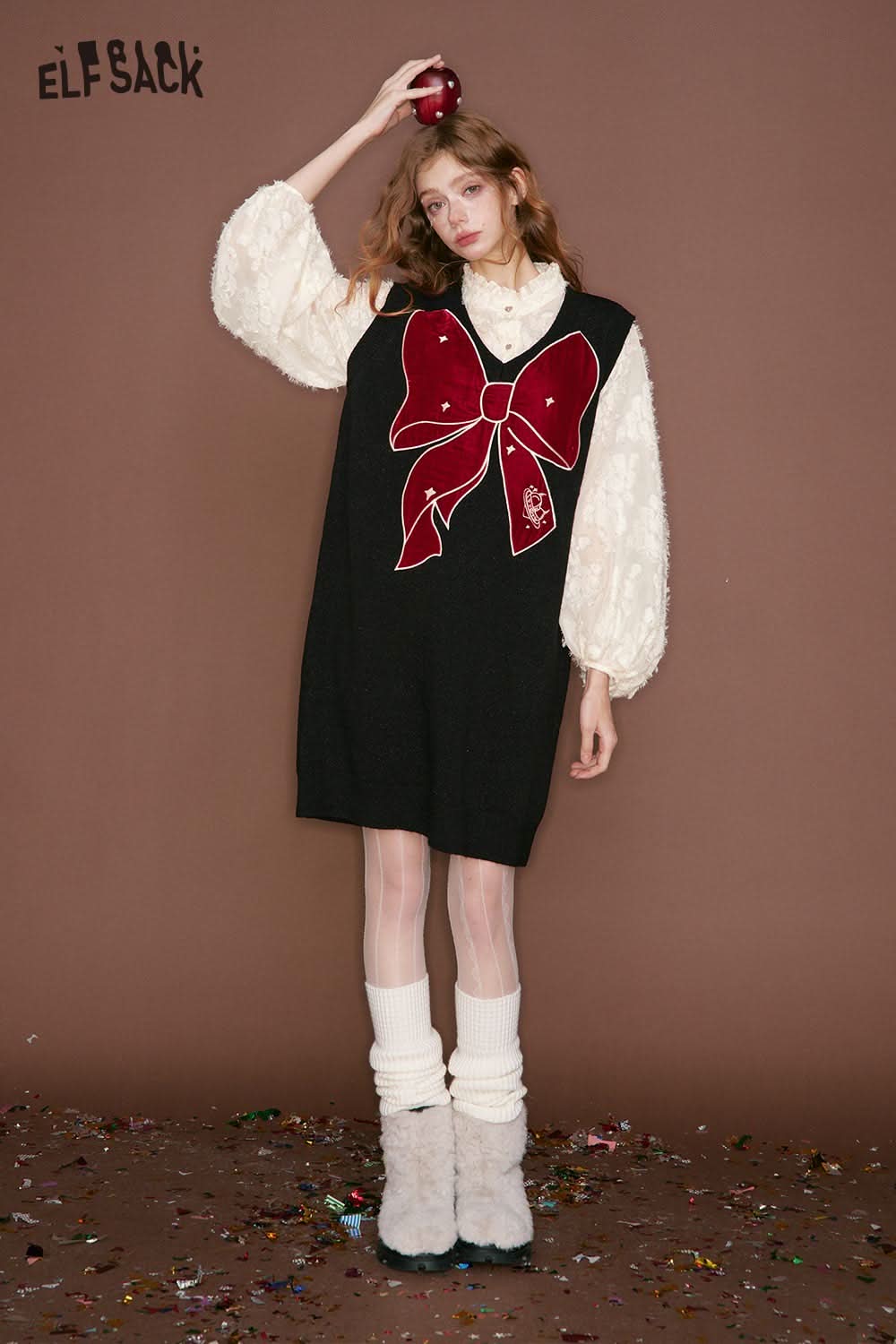 ELFSACK Chiffon Bow Vest Dress for Women in Black with Fluffy Sleeves and Large Red Bow Design