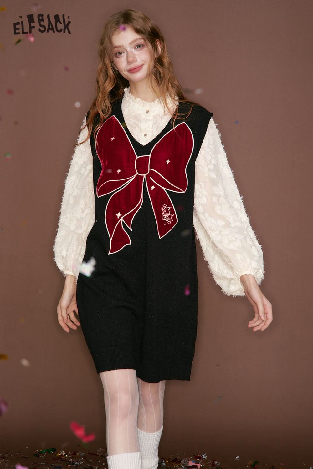 ELFSACK chiffon bow vest dress for women featuring a large red bow and a stylish layered look