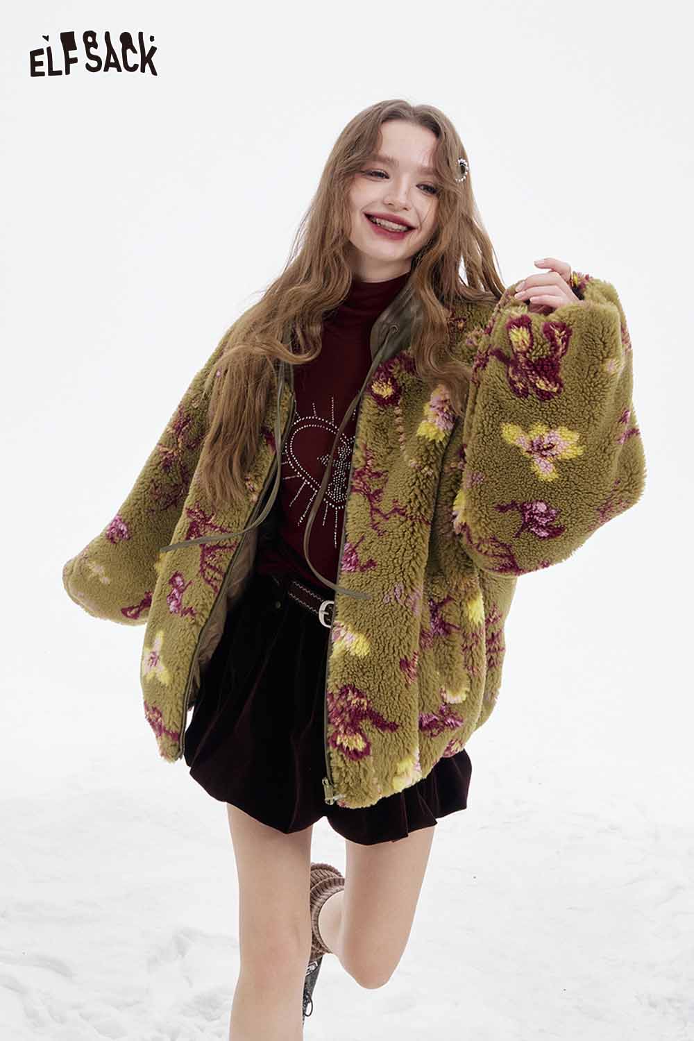 ELFSACK Chinese inspired floral coat in green with vibrant floral patterns for a stylish look