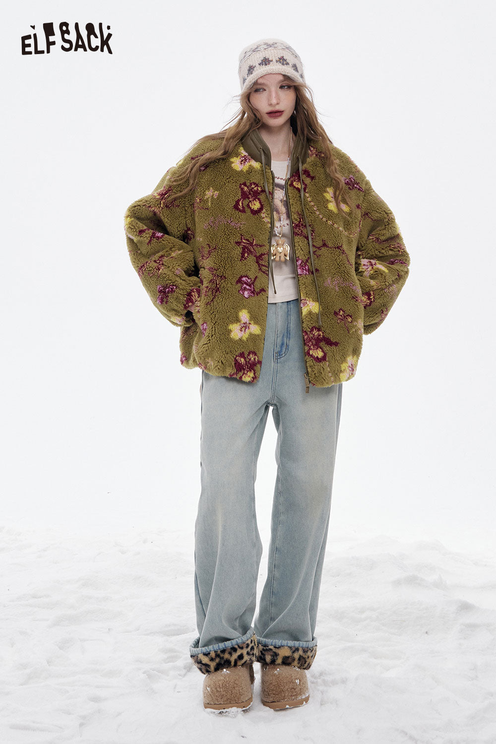 ELFSACK Chinese inspired floral coat in green with vibrant floral embroidery, perfect for a stylish winter look