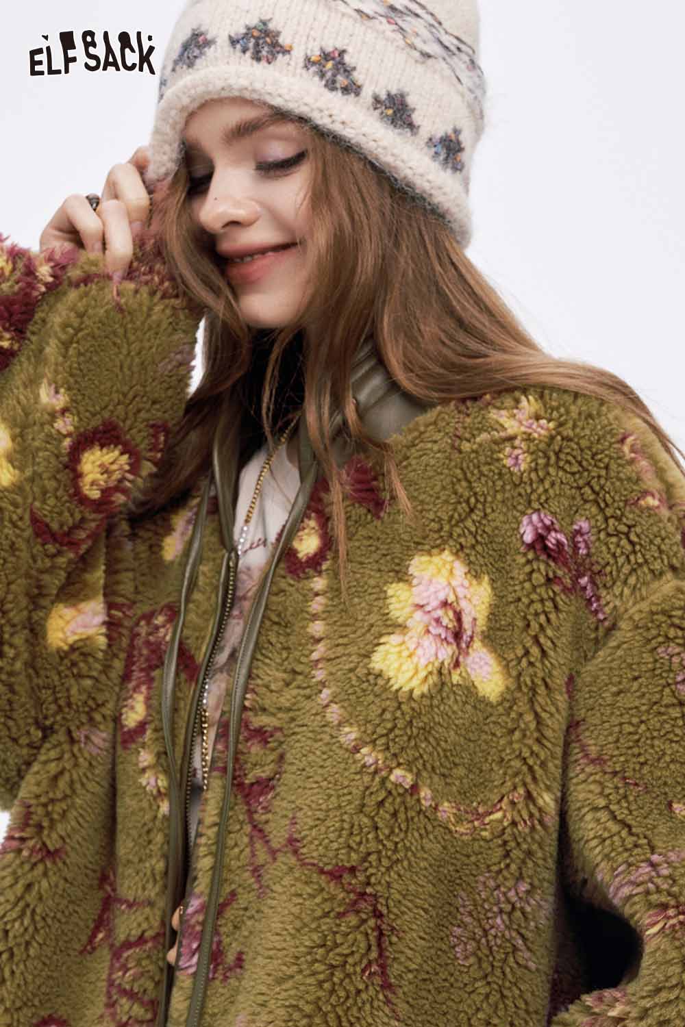 ELFSACK Chinese inspired floral coat in green with colorful floral patterns and cozy design