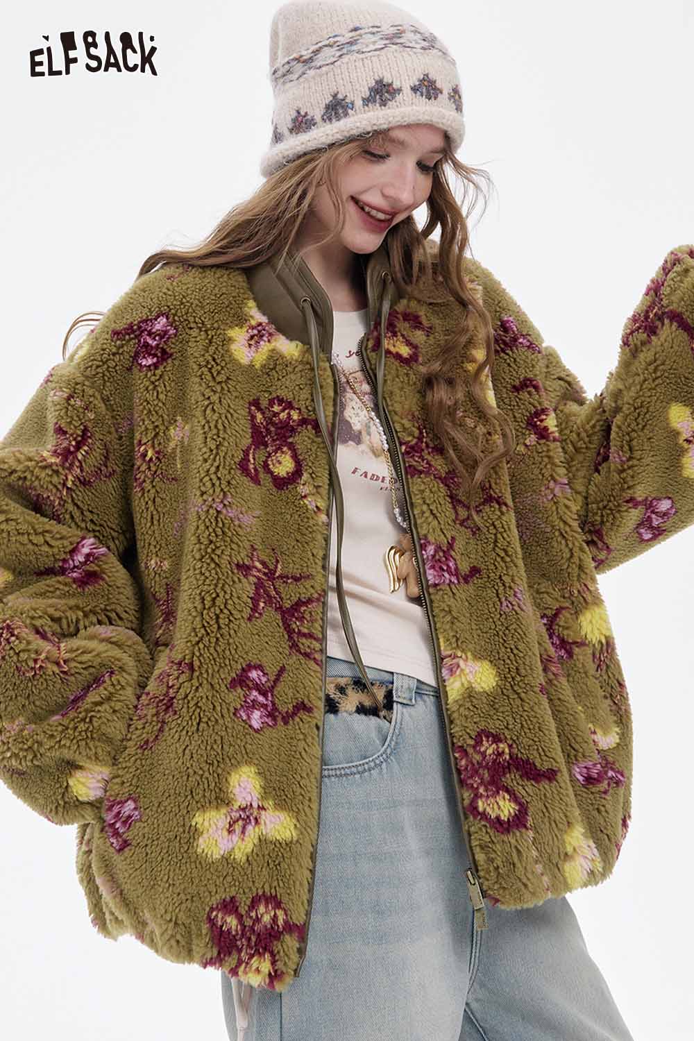 ELFSACK Chinese inspired floral coat in soft green with vibrant floral patterns for a stylish look