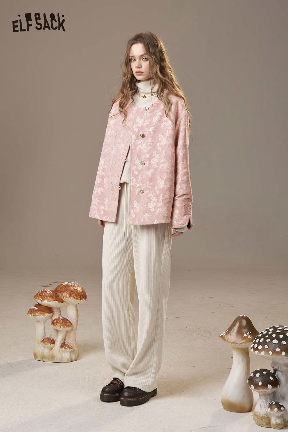 ELFSACK Chinese inspired puffer jacket for women in pink with floral design, styled with cream pants