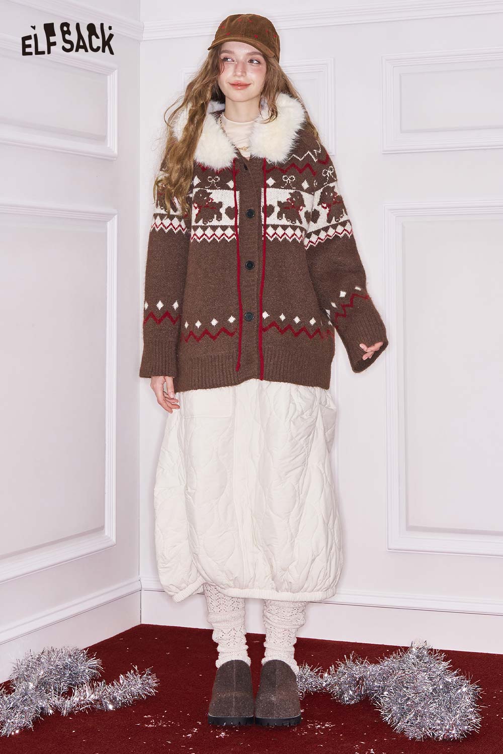 ELFSACK Christmas animal graphic cardigan in brown with festive reindeer design and cozy fur collar