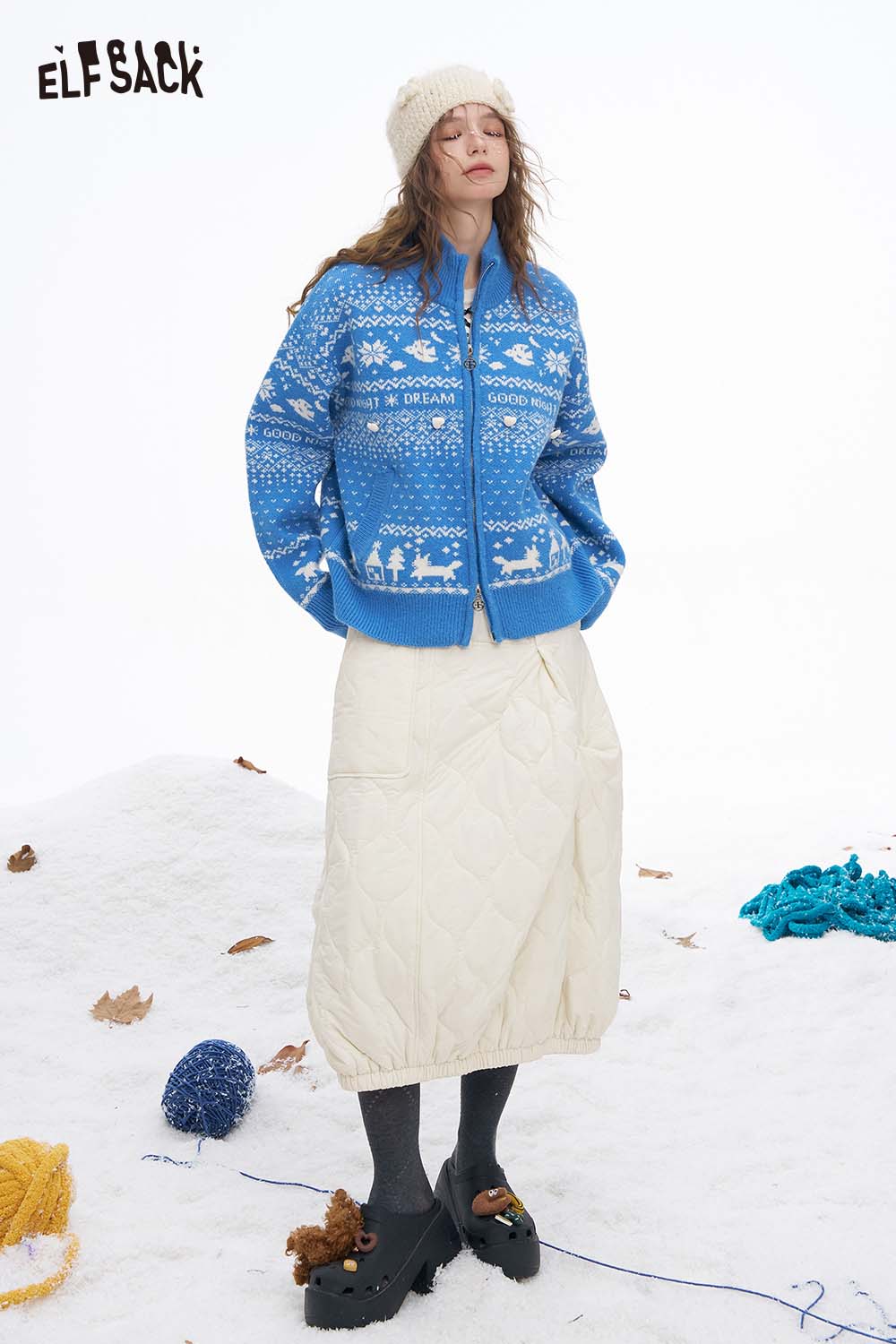 ELFSACK Christmas graphic reversible sweater in blue with snowflake design for festive winter style