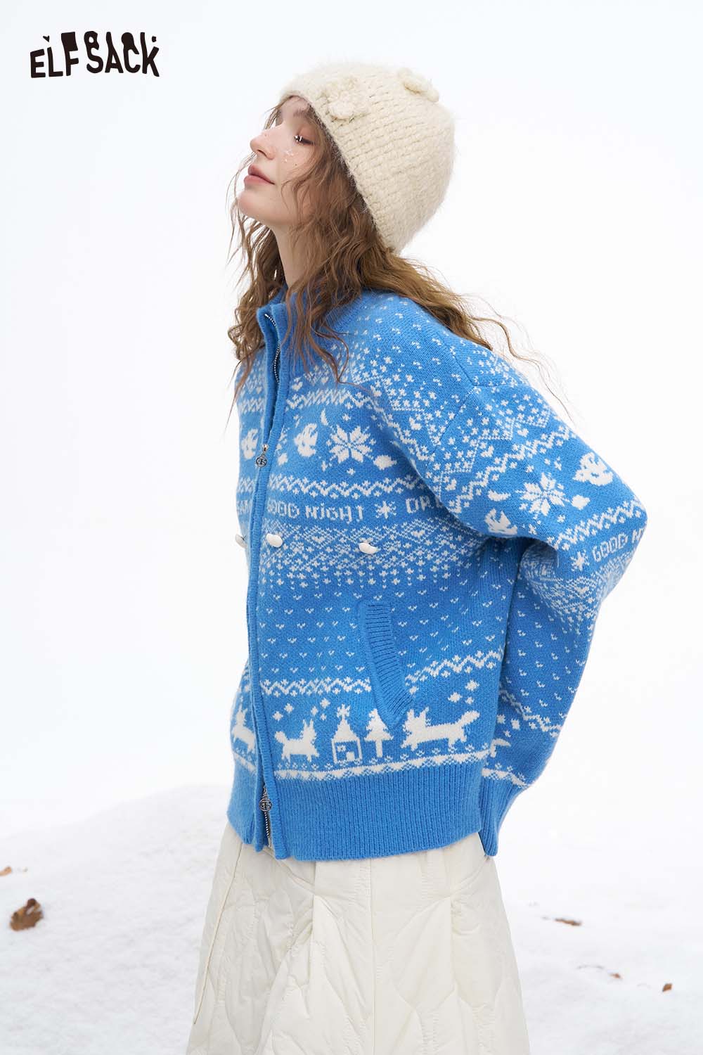 Cute ELFSACK Christmas graphic reversible sweater in blue with festive winter patterns and a cozy fit