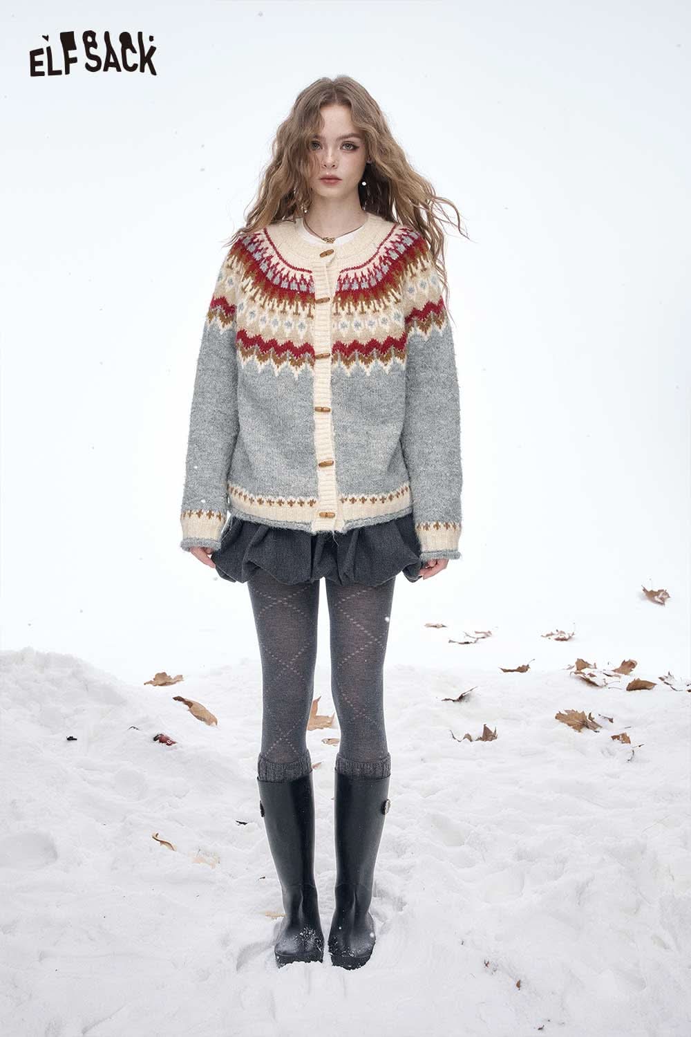 ELFSACK Christmas party striped sweater in gray with festive fair isle pattern for winter style