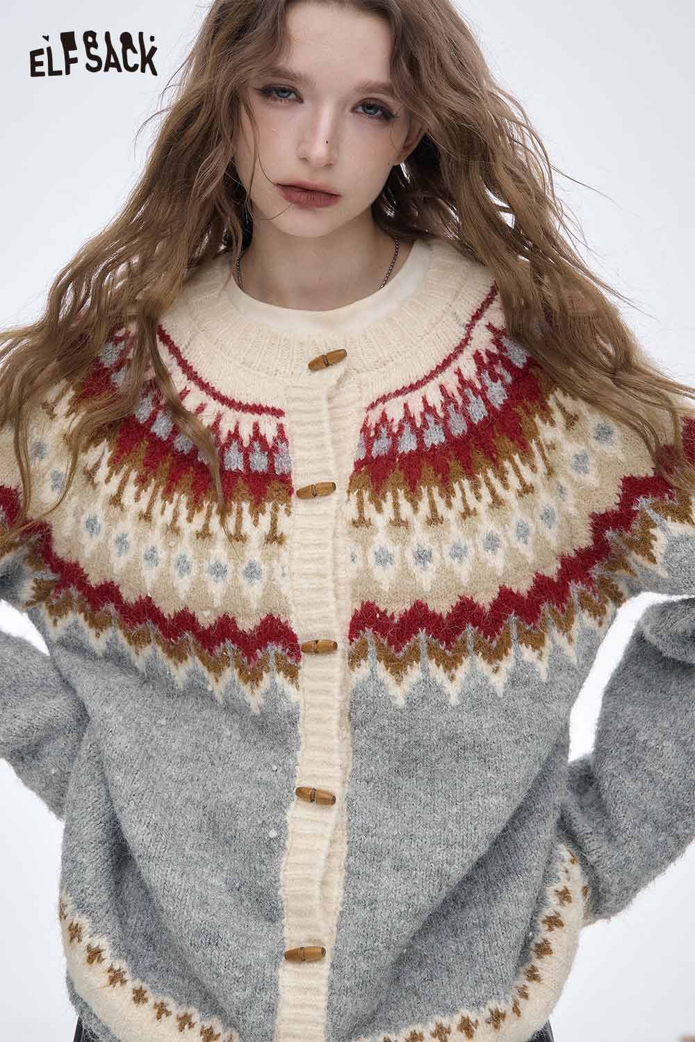 ELFSACK Christmas party striped sweater featuring a cozy design with colorful pattern and button details