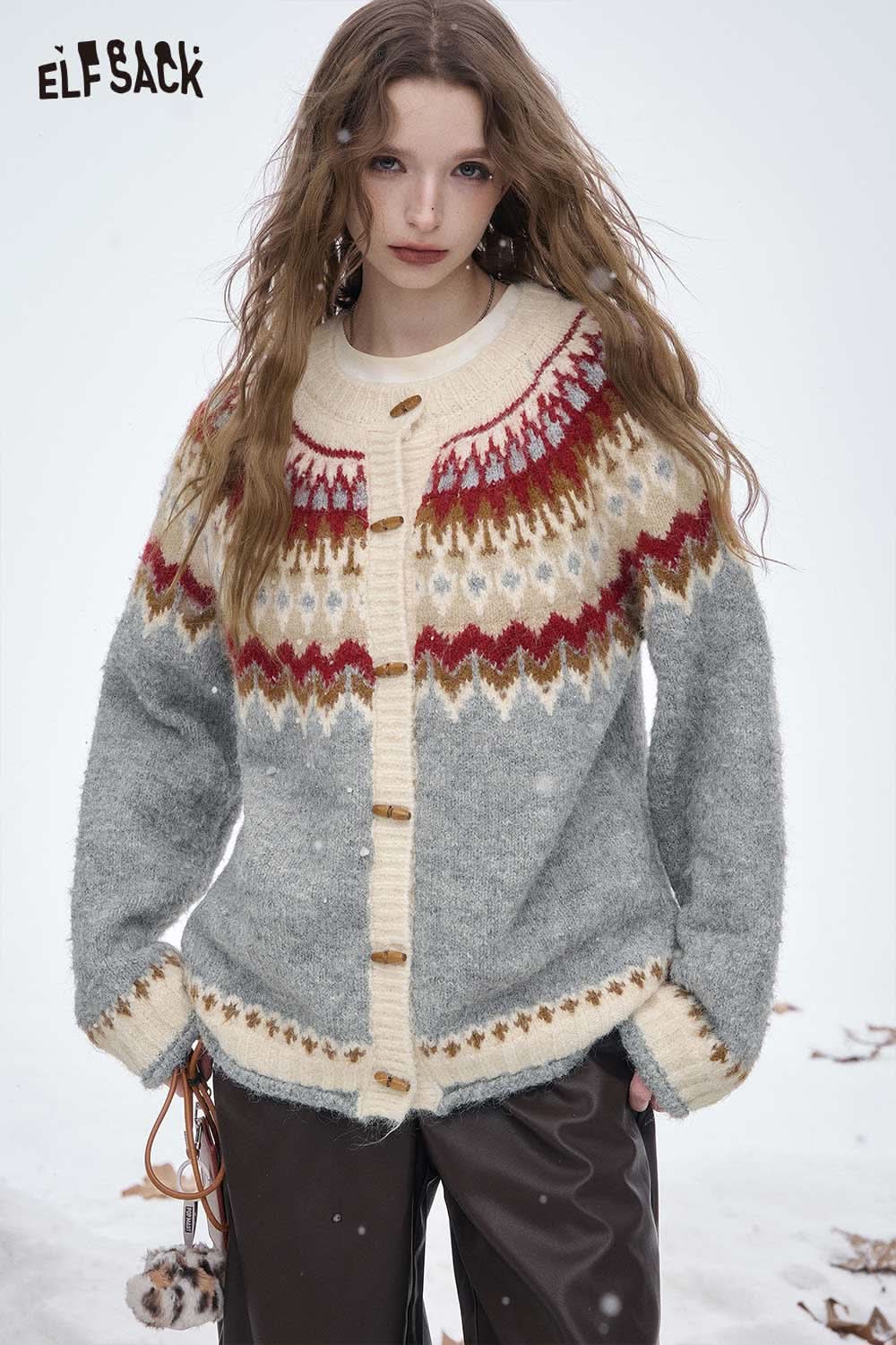 ELFSACK Christmas party striped sweater in grey with festive patterns and button closure