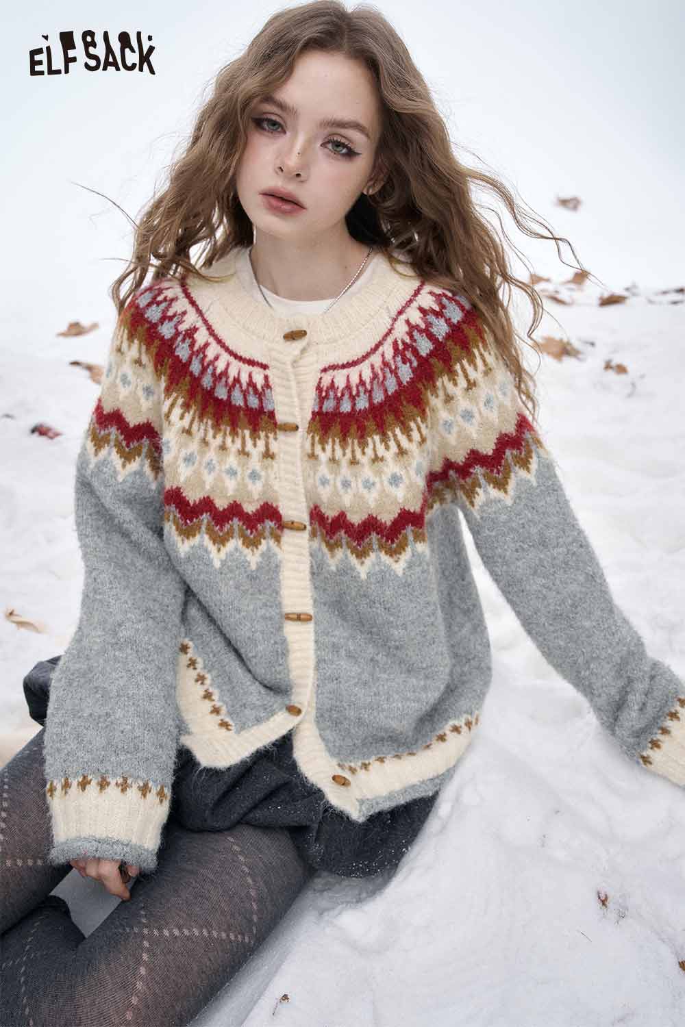 ELFSACK Christmas party striped sweater in grey with festive pattern and buttons for holiday festivities