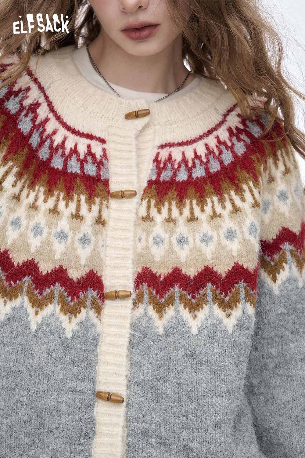 ELFSACK Christmas party striped sweater with colorful fair isle pattern and button closure