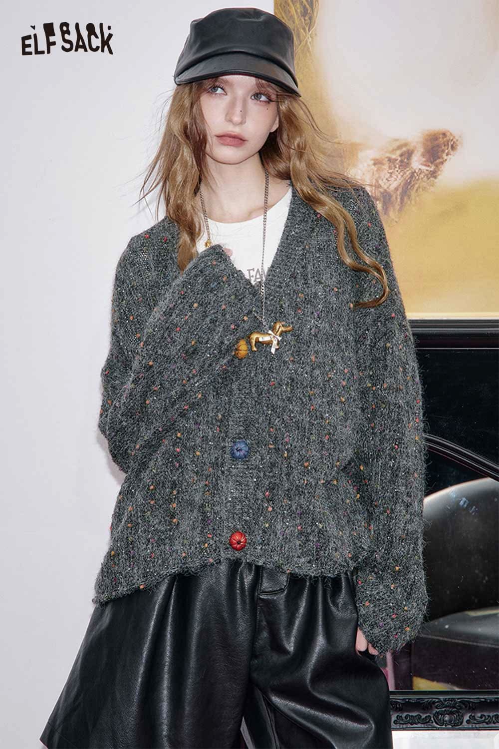 ELFSACK chunky v-neck cardigan for women in gray with colorful specks and a relaxed fit