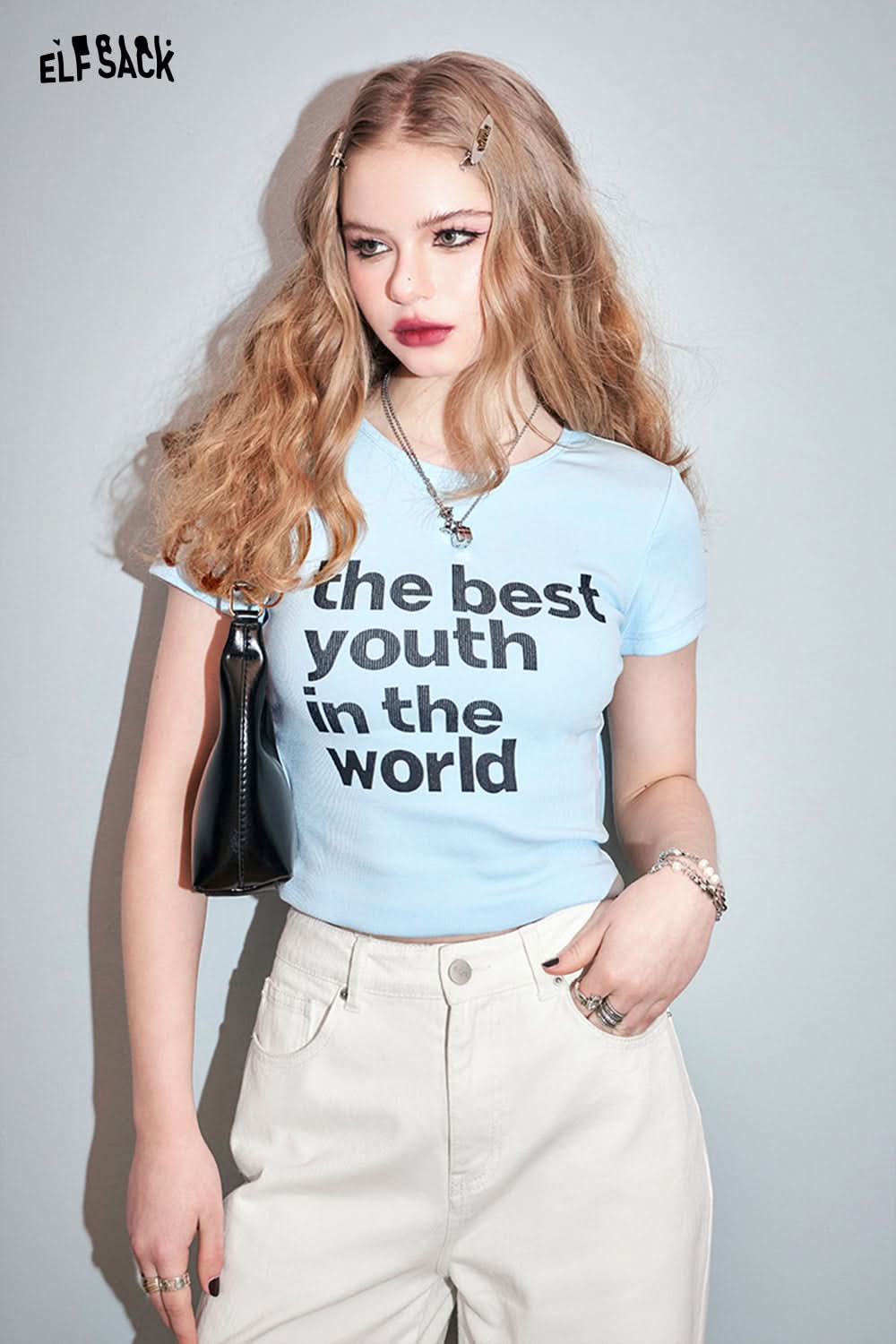 ELFSACK light blue Y2K Letter Print T-shirt with black text The Best Youth In The World