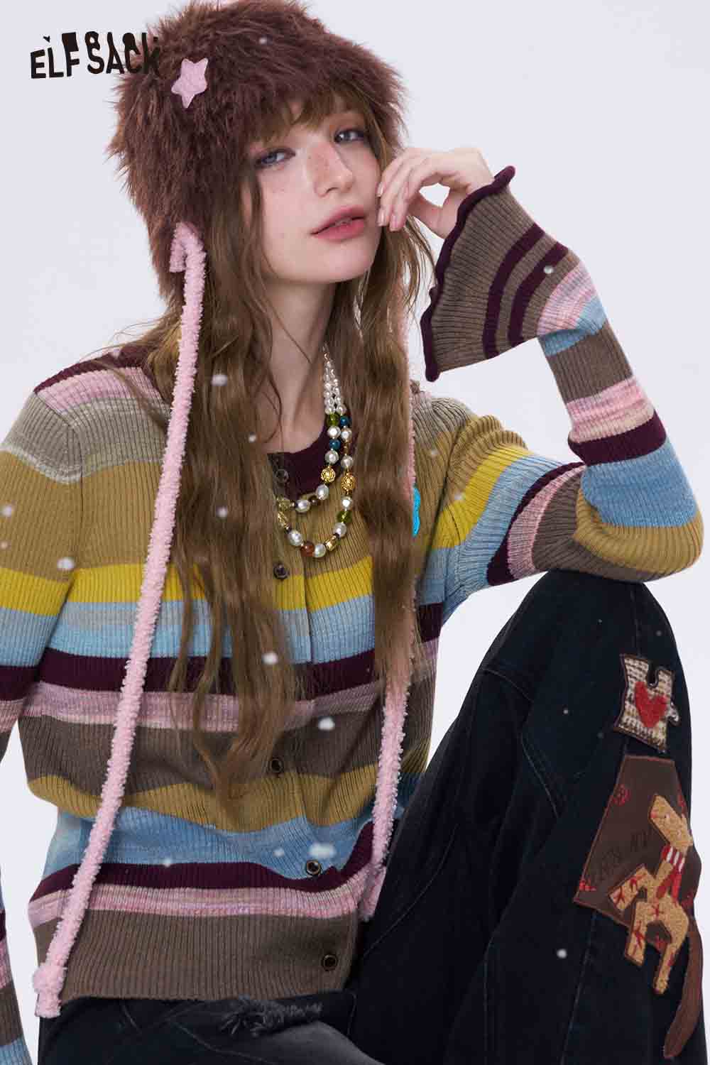 ELFSACK color block cropped knit cardigan in multicolor stripes, styled with accessories for a trendy look