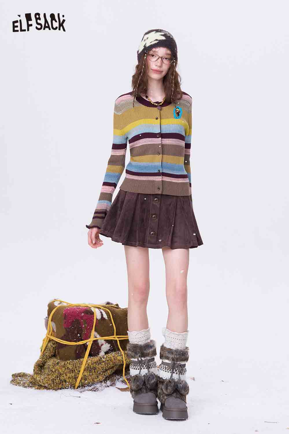 Color block cropped knit cardigan by ELFSACK featuring vibrant stripes and a cozy design