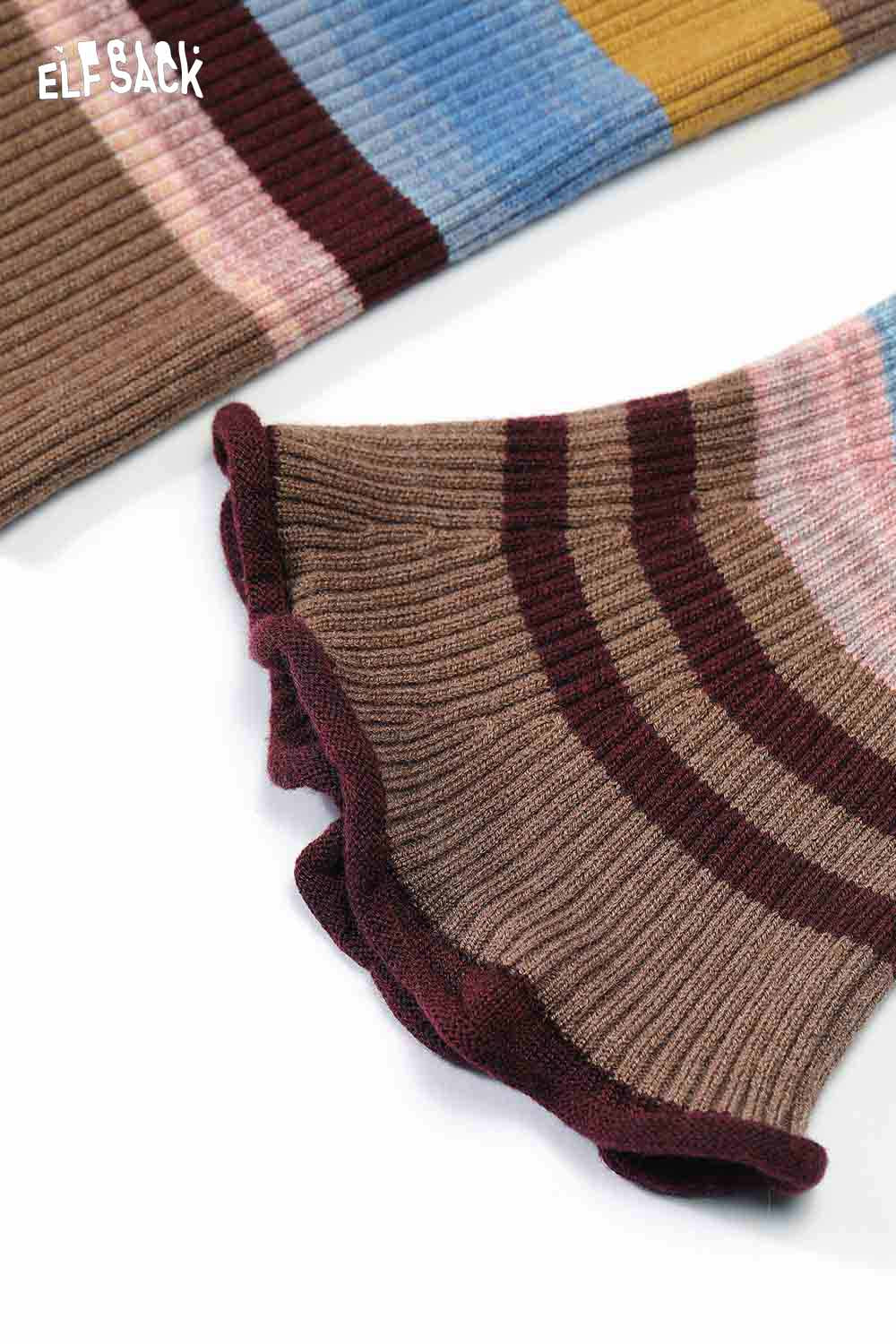 Close-up of ELFSACK color block cropped knit cardigan showcasing ribbed texture and vibrant colors