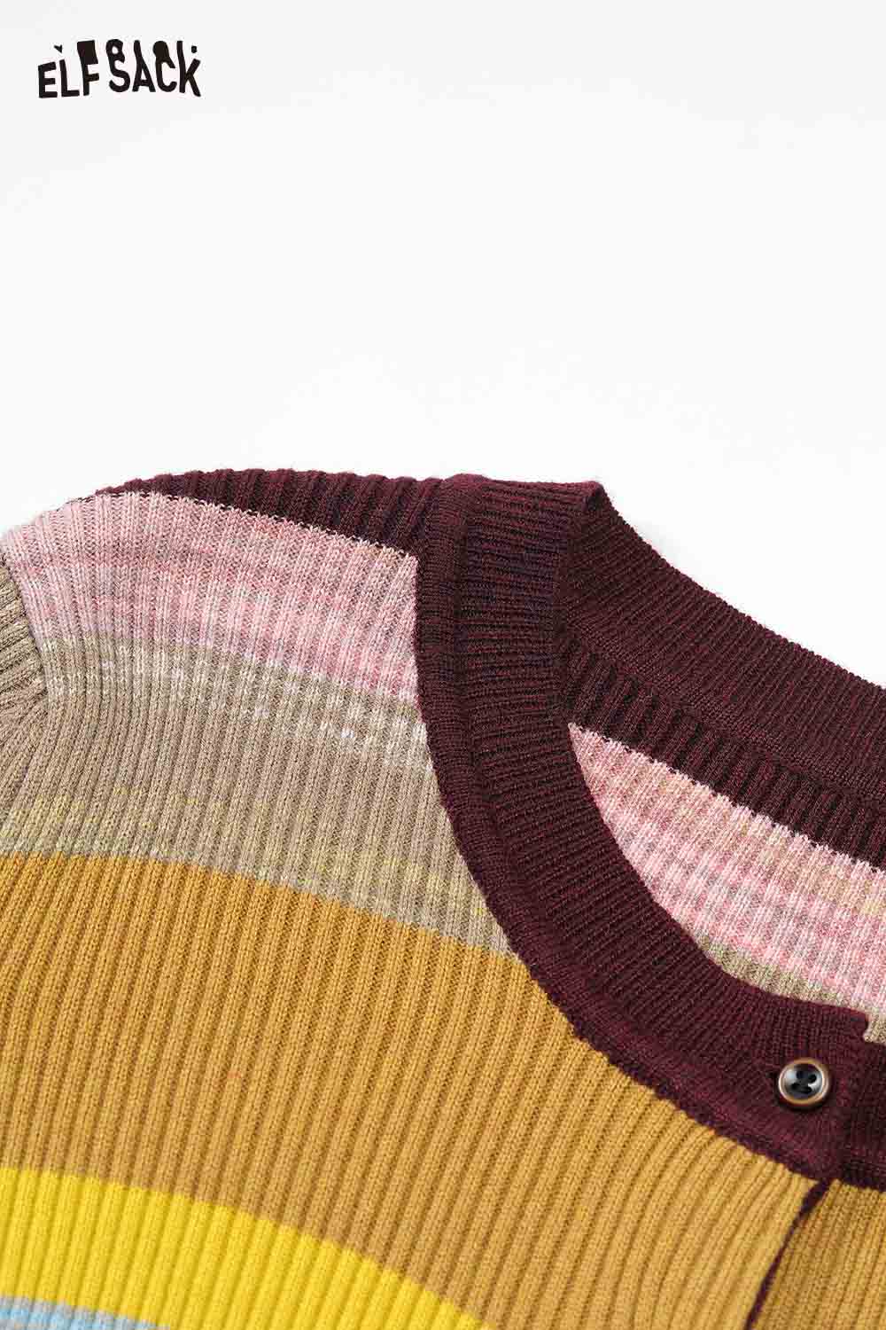 ELFSACK color block cropped knit cardigan featuring colorful horizontal stripes.