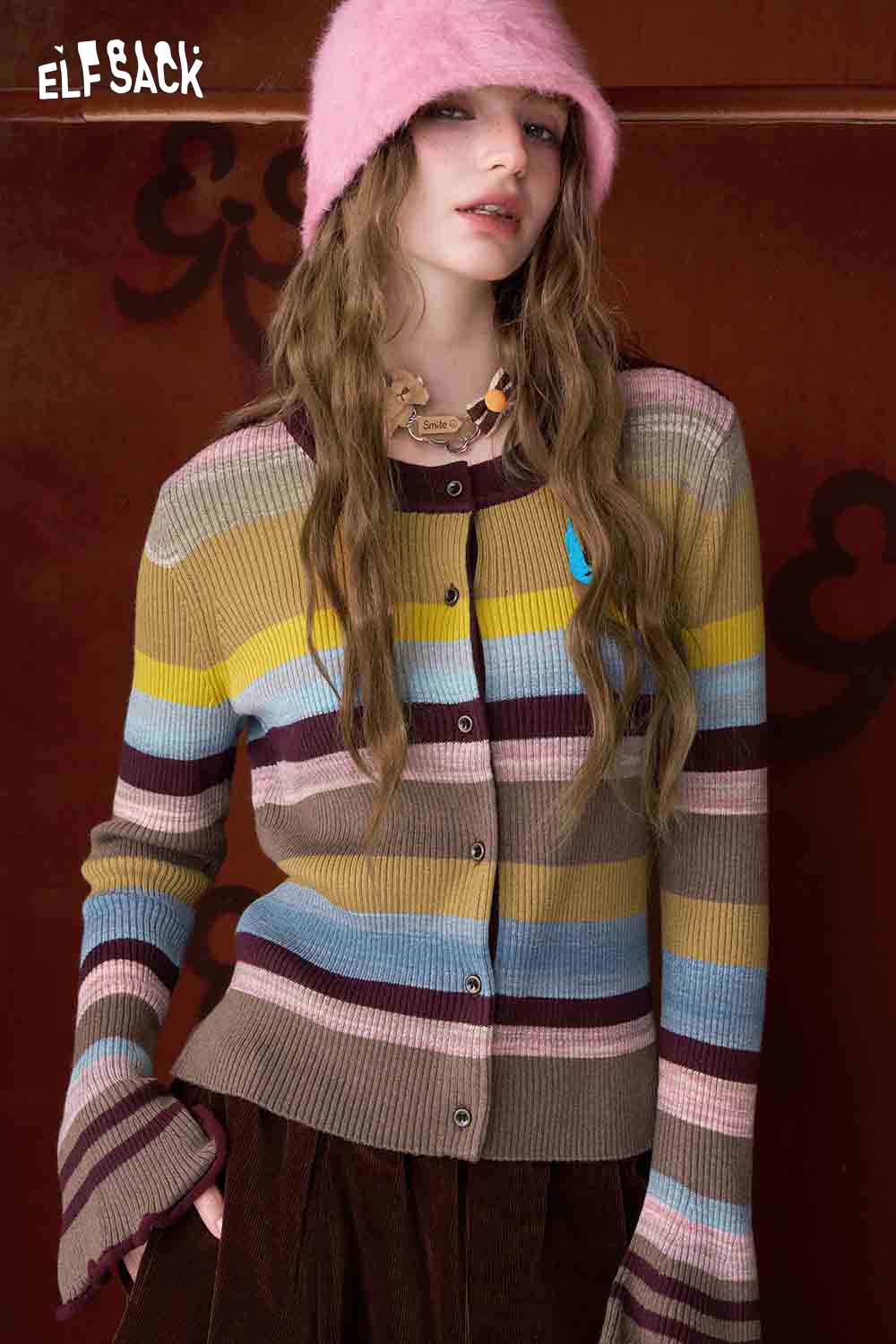 Color block cropped knit cardigan by ELFSACK featuring bold stripes and a stylish fit for trendy outfits
