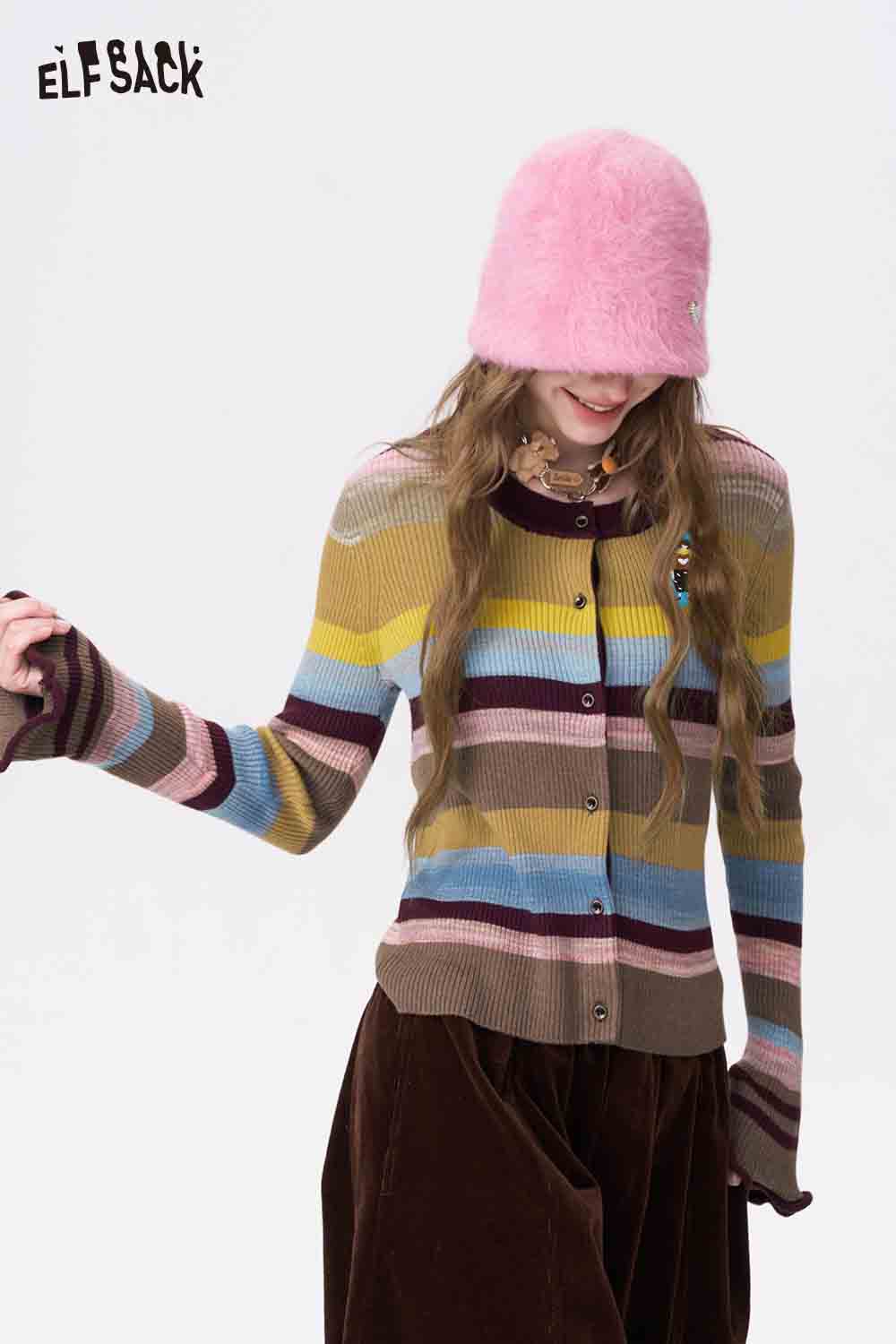 ELFSACK color block cropped knit cardigan with colorful stripes and button closure, styled with a pink hat