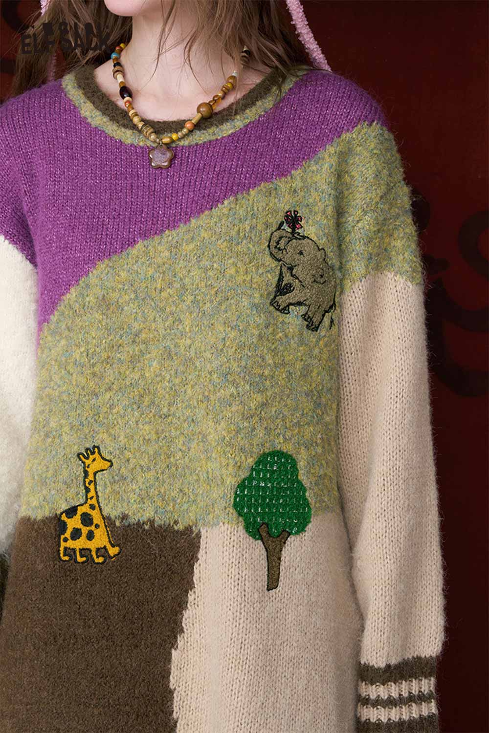 ELFSACK color block knit dress for women featuring playful animal and tree embroidery.