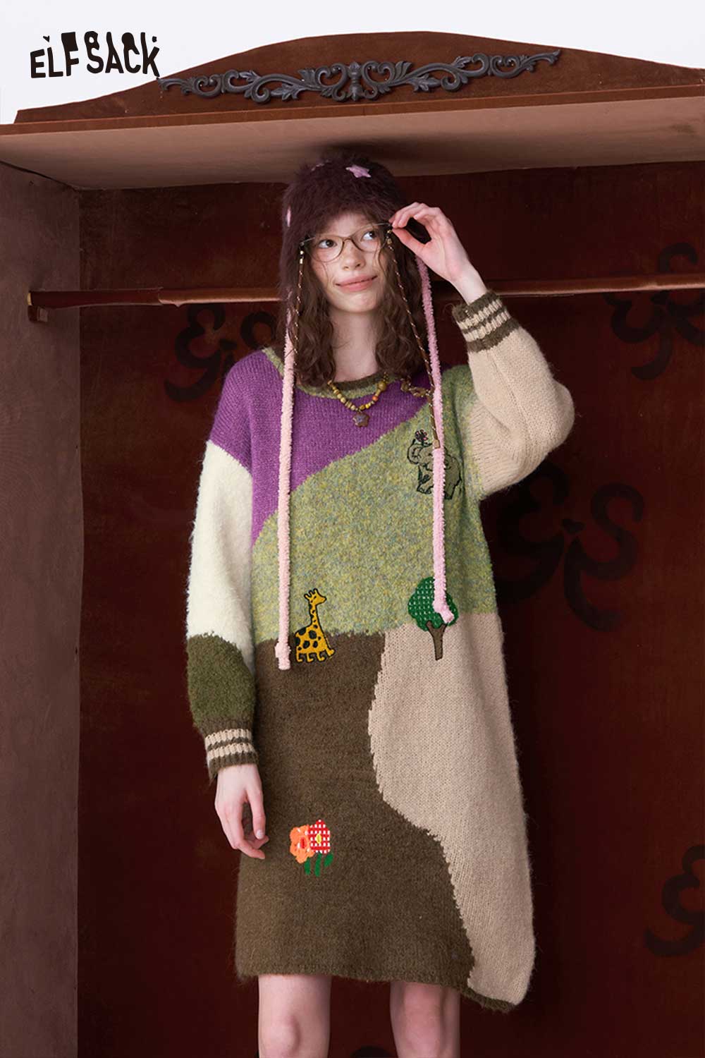 Color block knit dress for women with playful patterns and a cozy fit from ELFSACK