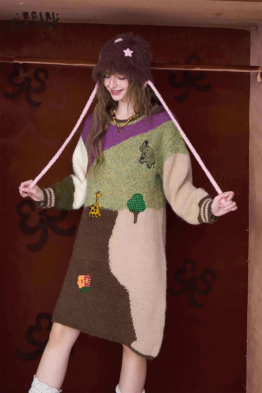 ELFSACK color block knit dress for women in playful design with animal motifs and vibrant colors