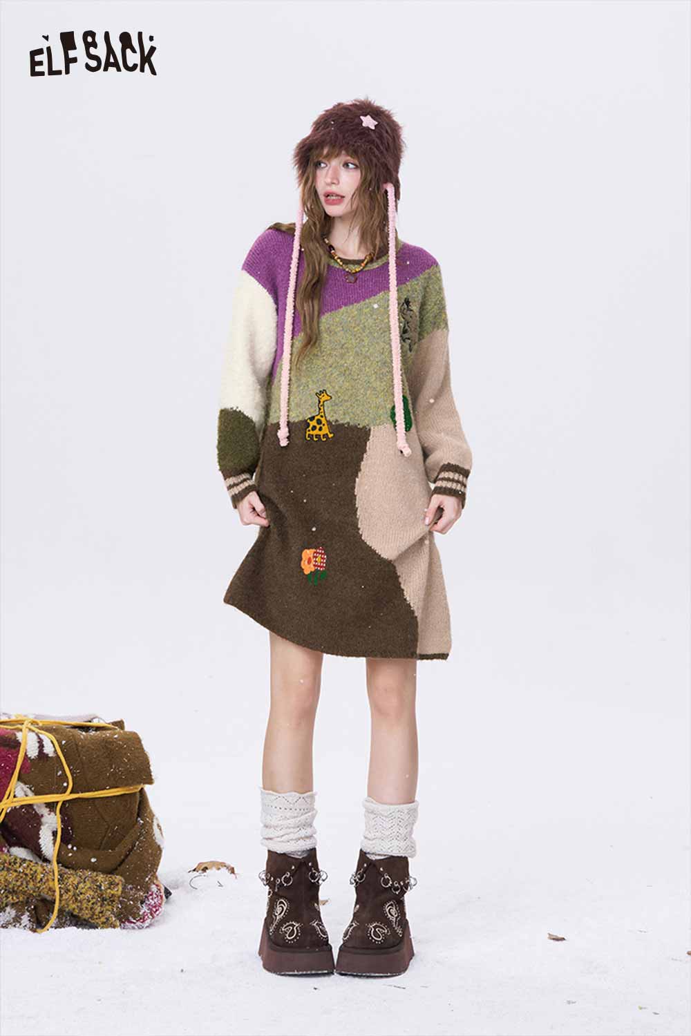 ELFSACK color block knit dress for women with unique patterns and cozy fit, perfect for casual styling