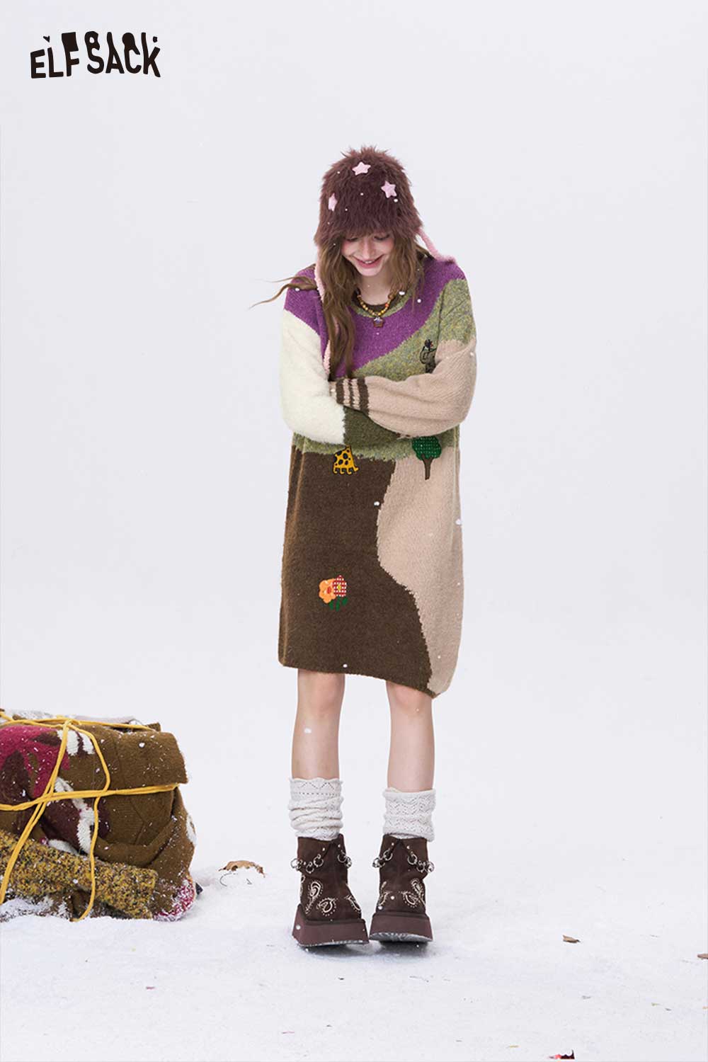 ELFSACK color block knit dress for women featuring a unique design with playful colors and textures