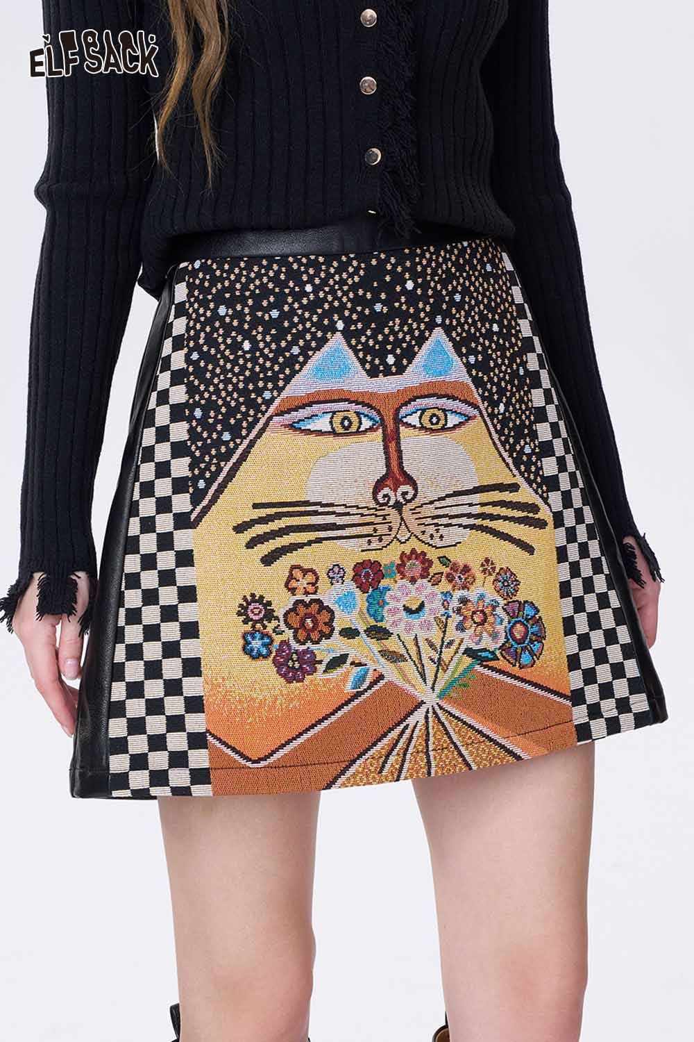 ELFSACK color block plaid A-line skirt featuring an artistic design with vibrant colors and patterns