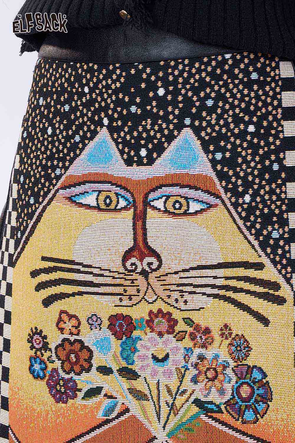 ELFSACK color block plaid A-line skirt featuring a vibrant cat design with floral accents