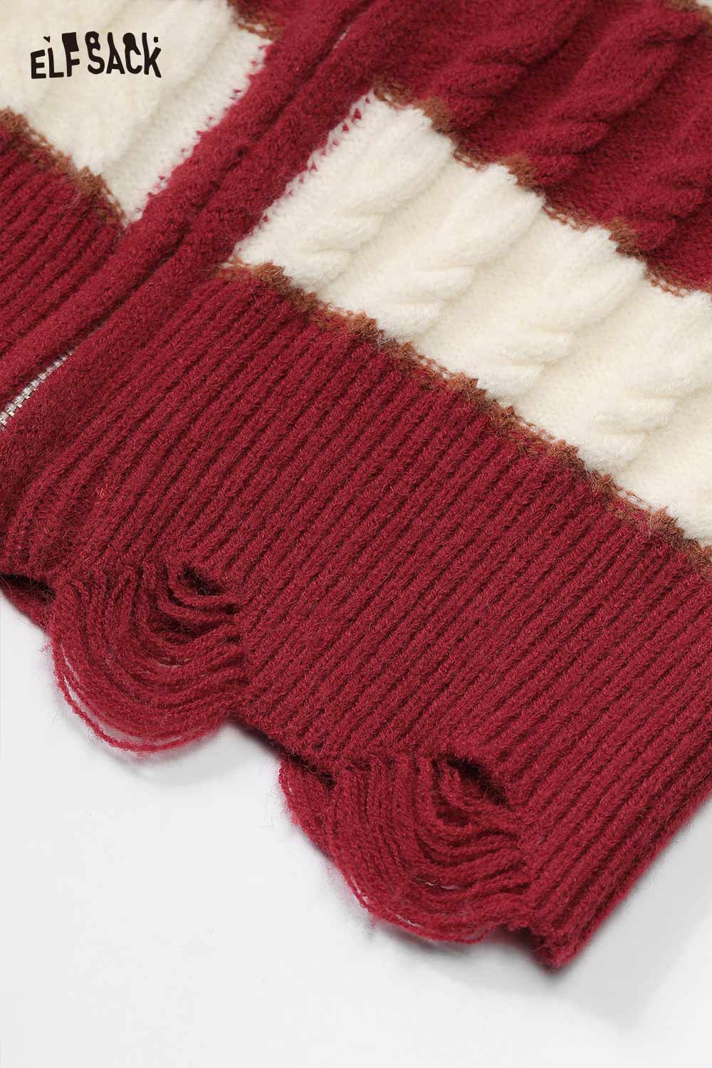 ELFSACK color block stripe cropped cardigan featuring textured knit patterns in burgundy and cream