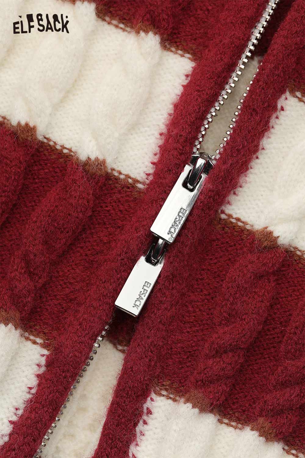 ELFSACK color block stripe cropped cardigan featuring a stylish zip closure and soft texture