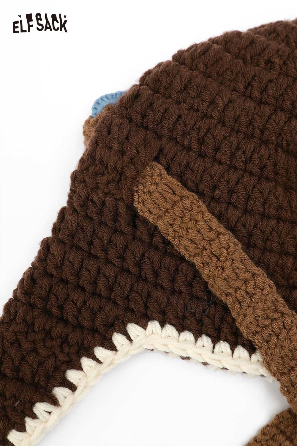 ELFSACK color blocked crocheted ear flap beanie in brown with unique textured design