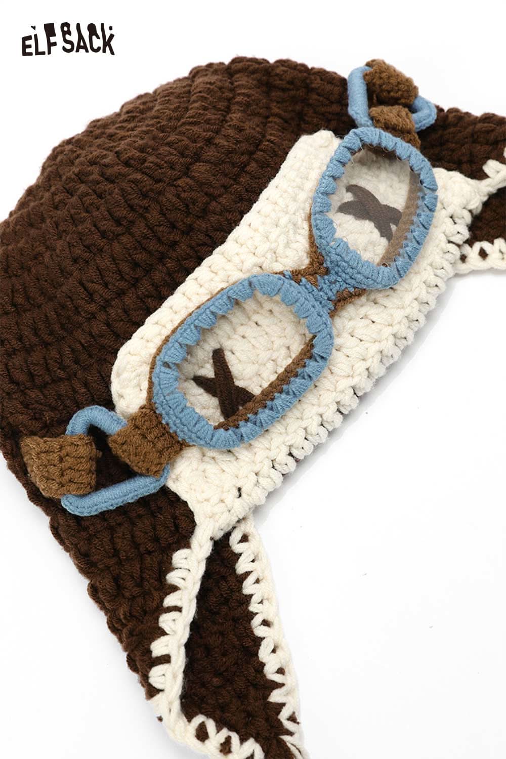 Color blocked crocheted ear flap beanie with aviator goggles design by ELFSACK