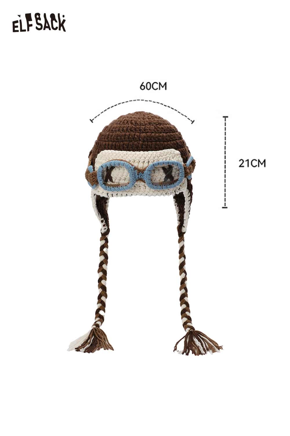 ELFSACK color blocked crocheted ear flap beanie with unique design and goggles for stylish winter warmth
