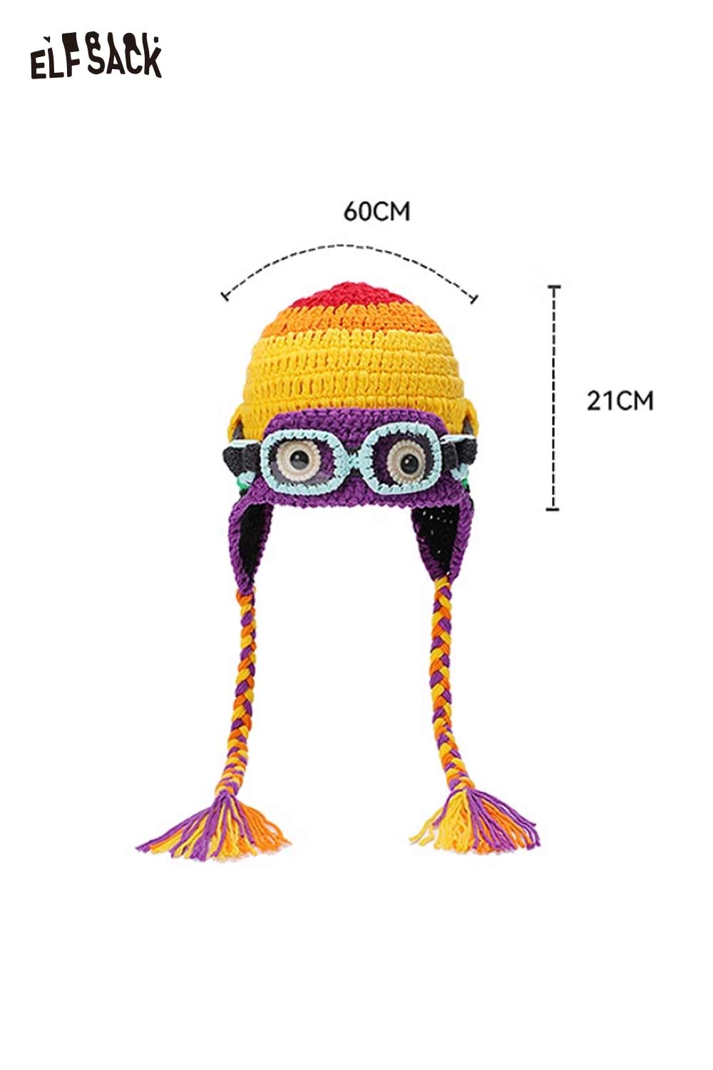 Color blocked crocheted ear flap beanie with colorful design and playful goggles for winter warmth