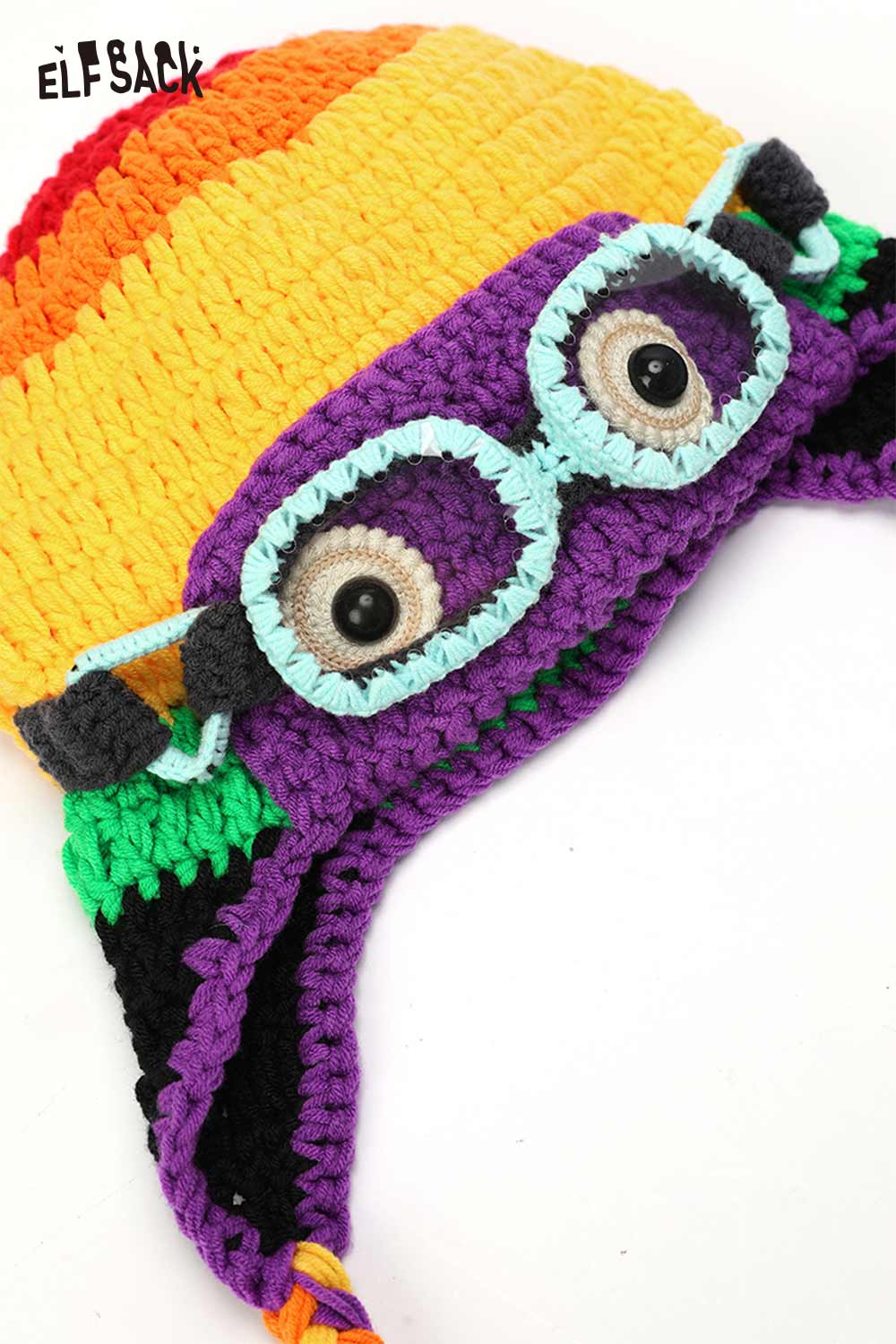 ELFSACK color blocked crocheted ear flap beanie with colorful design and fun character details