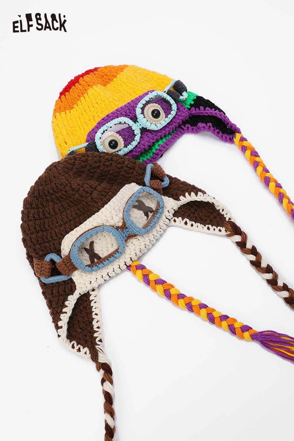 Color blocked crocheted ear flap beanie featuring playful designs and colorful accents from ELFSACK