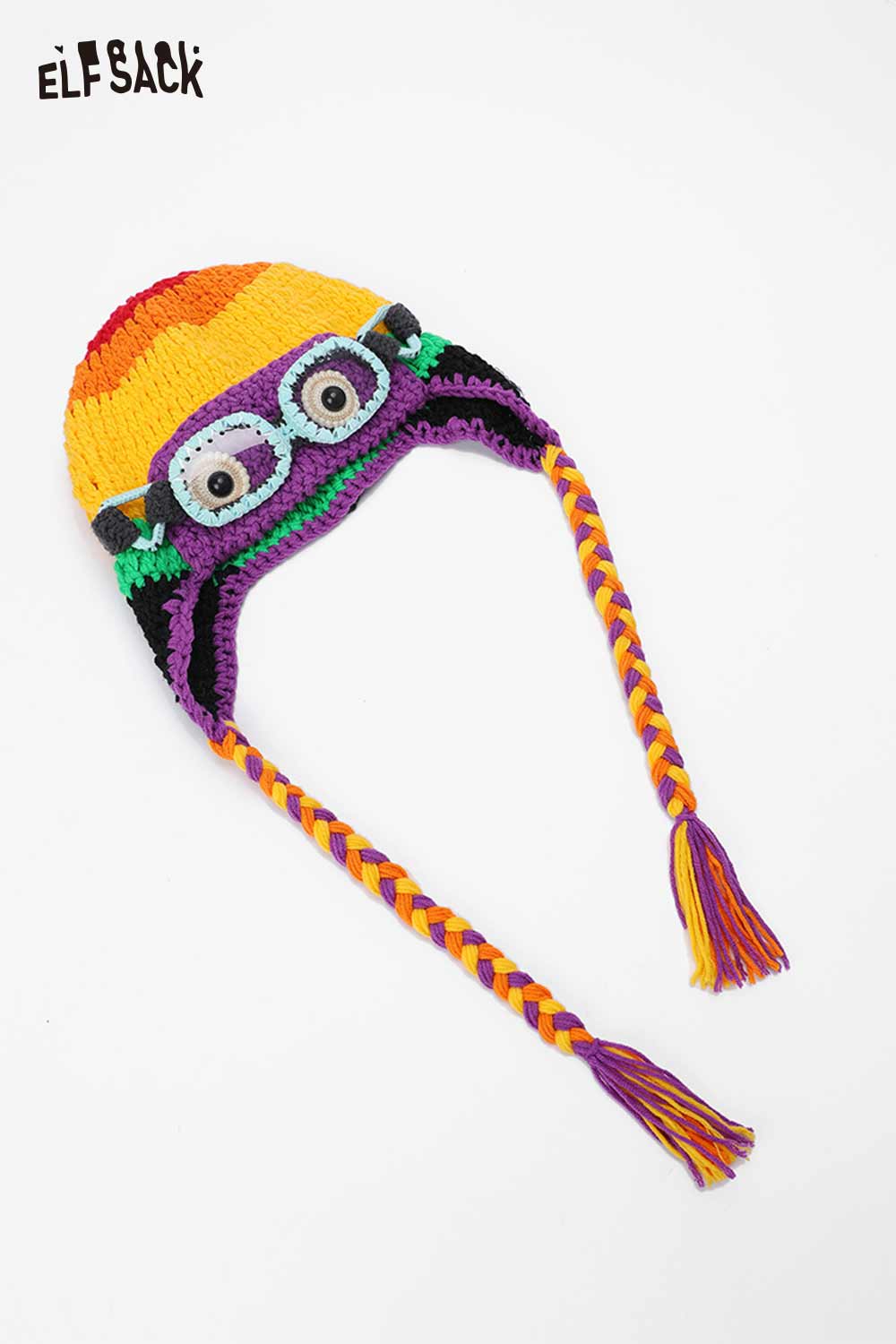 ELFSACK color blocked crocheted ear flap beanie with vibrant colors and braided tassels