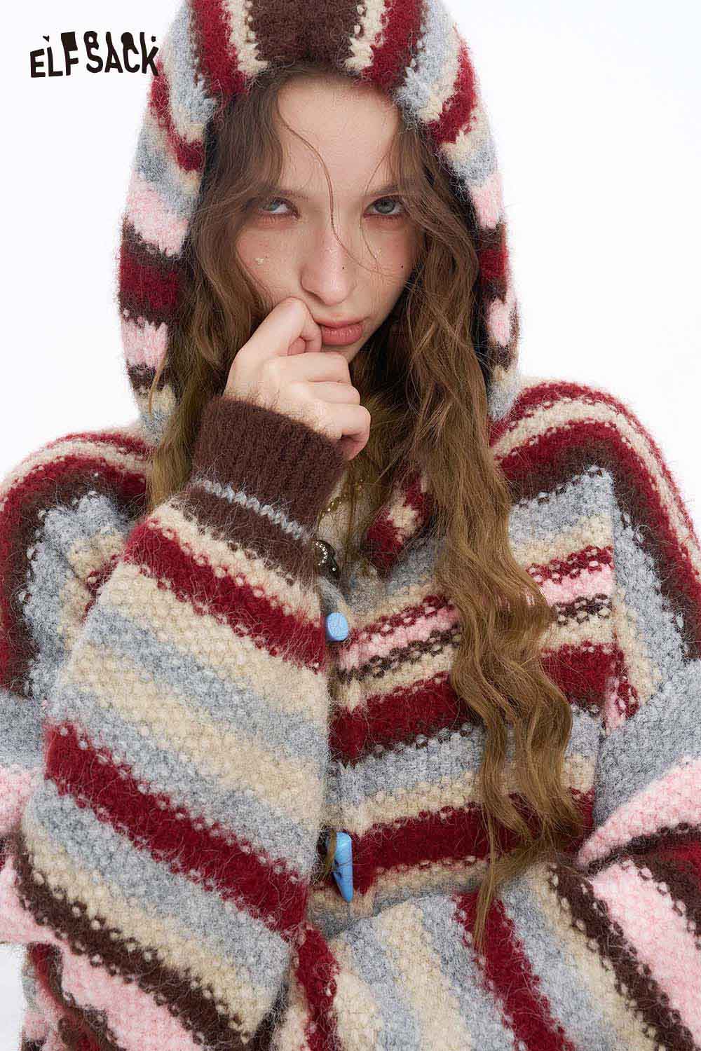 Colorful striped hooded sweater women by ELFSACK featuring a cozy design with vibrant tones