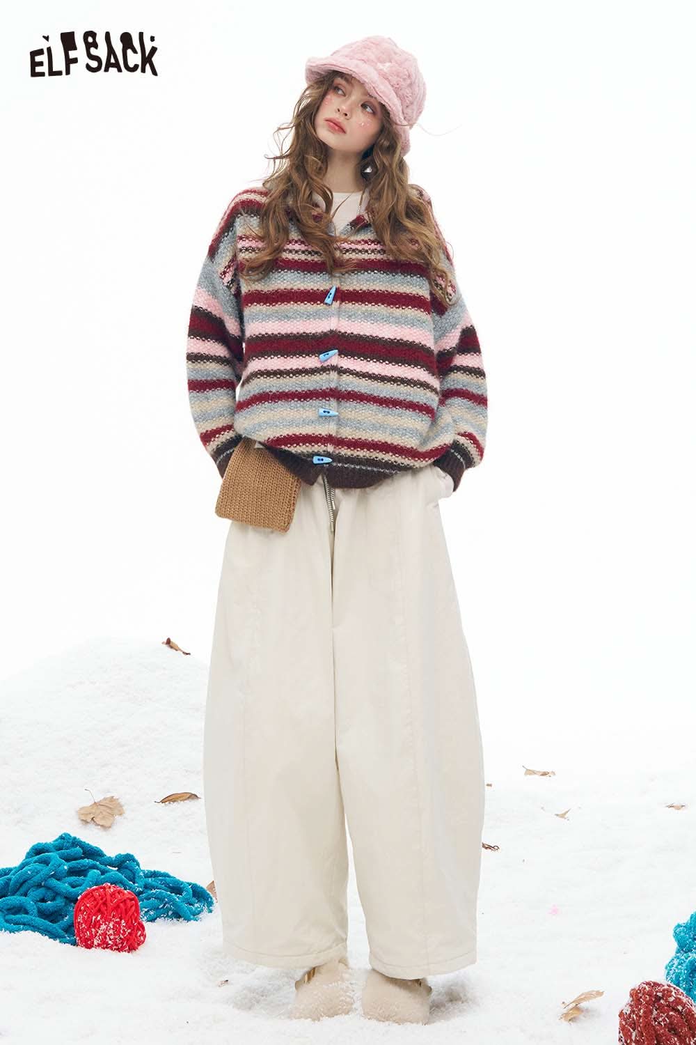 ELFSACK colorful striped hooded sweater women featuring a relaxed fit and vibrant colors